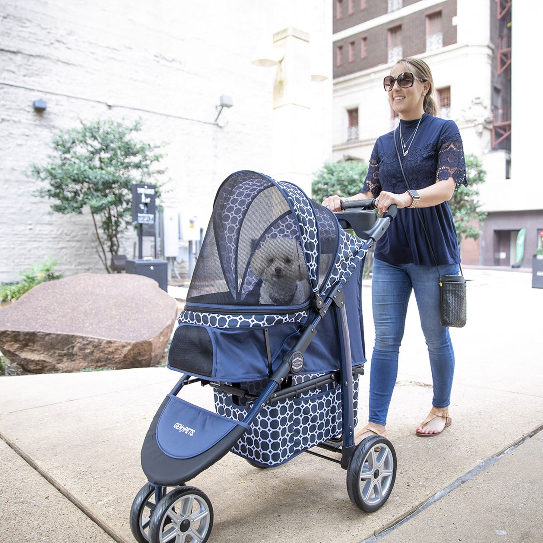 Gen7Pets Monaco Dress Blue Pet Stroller - Lightweight Foldable Dog Cat Carrier for Small Animals - Perfect for Walking, Travel & Vet Visits