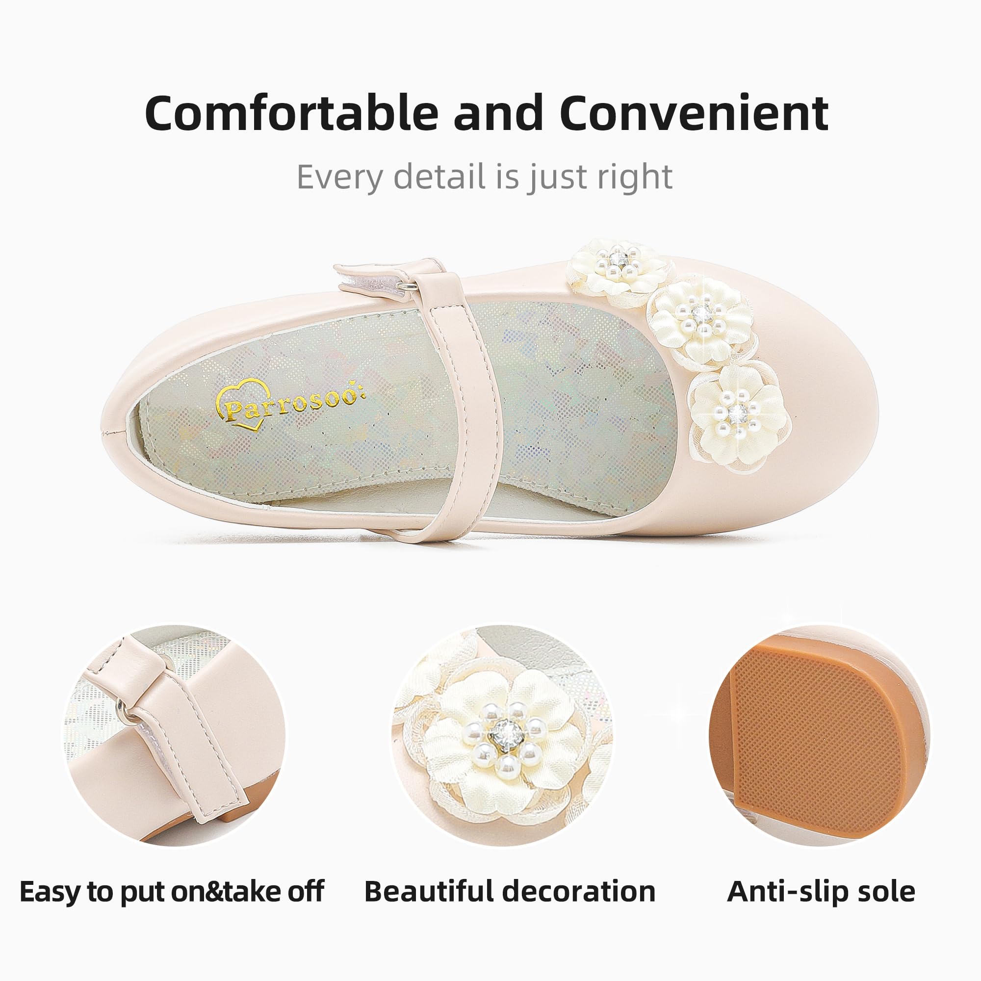 **Toddler Girls Flower Girl Shoes - Princess Wedding Flats with Low Heel for Little & Big Kids - Perfect for Weddings, Parties & Special Occasions**