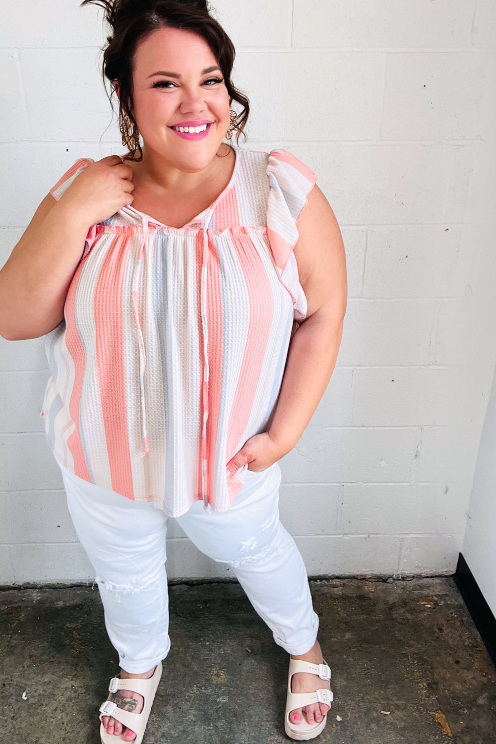Coral & Light Blue Striped Waffle Knit Tie Neck Blouse - Women's Casual Summer Tops for Beach, Vacation & Date Night Outfits