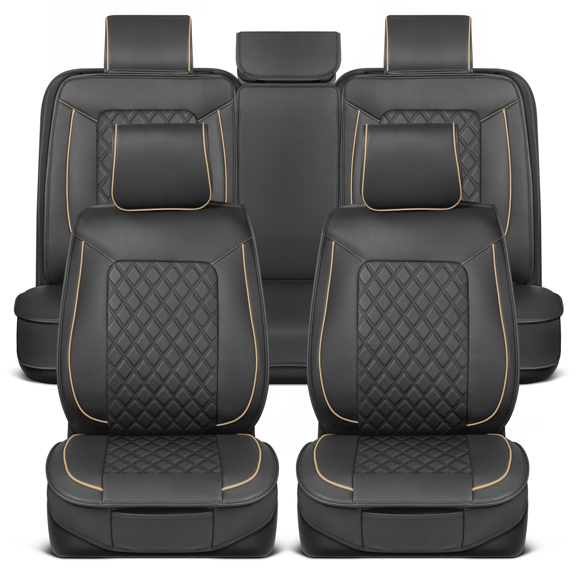 Premium Faux Leather Seat Covers for Chevy Silverado & Sierra 1500/2500HD/3500HD (2007-2023) - Black & Beige Diamond Stitched Cushioned Protectors Full Set - Perfect for Truck Owners & Off-Road Adventures