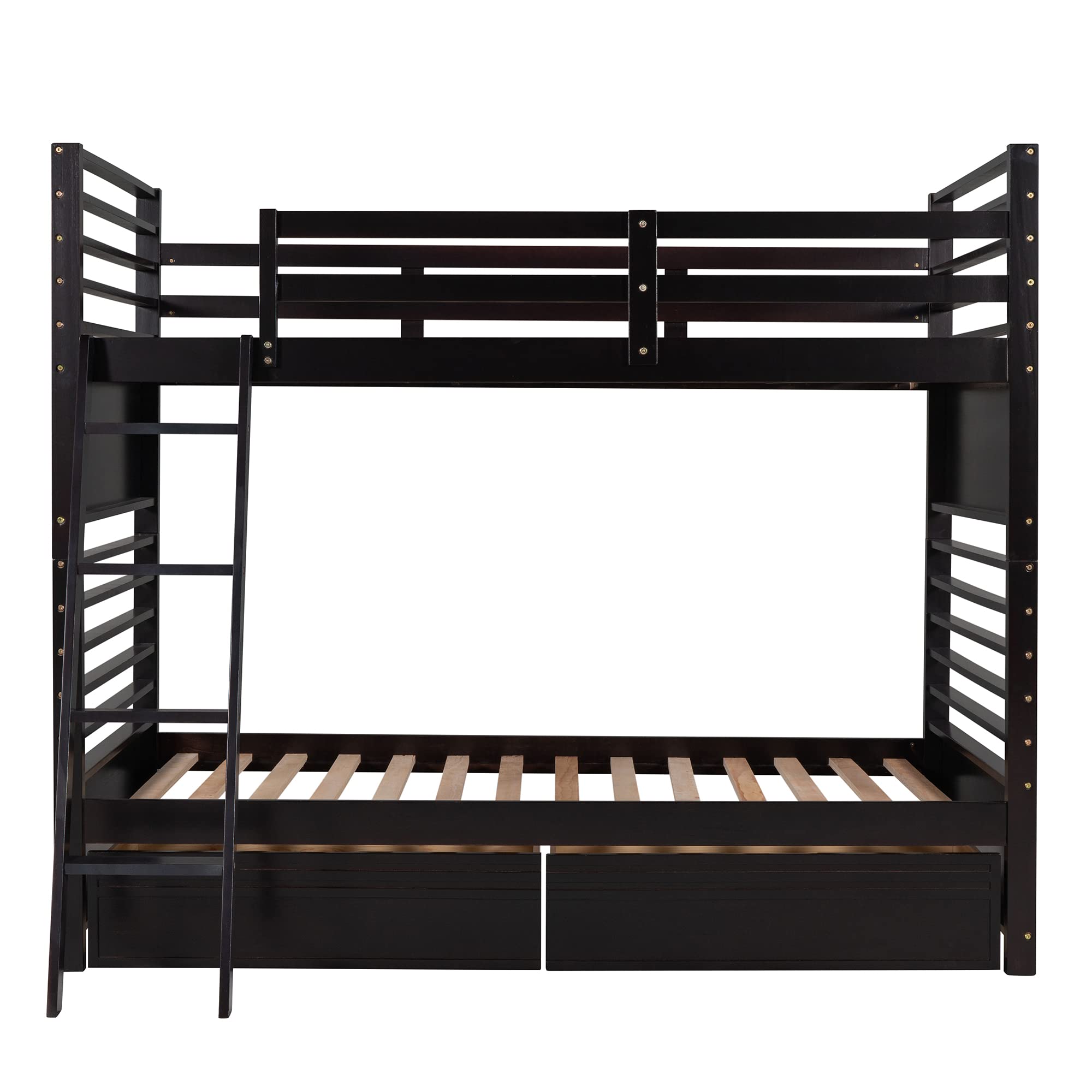 Harper & Bright Designs Twin Over Twin Bunk Bed with Ladder & 2 Storage Drawers - Space-Saving Wooden Bunk Bed Frame for Kids & Teens - Espresso Finish - Ideal for Small Bedrooms, Guest Rooms & Vacation Homes