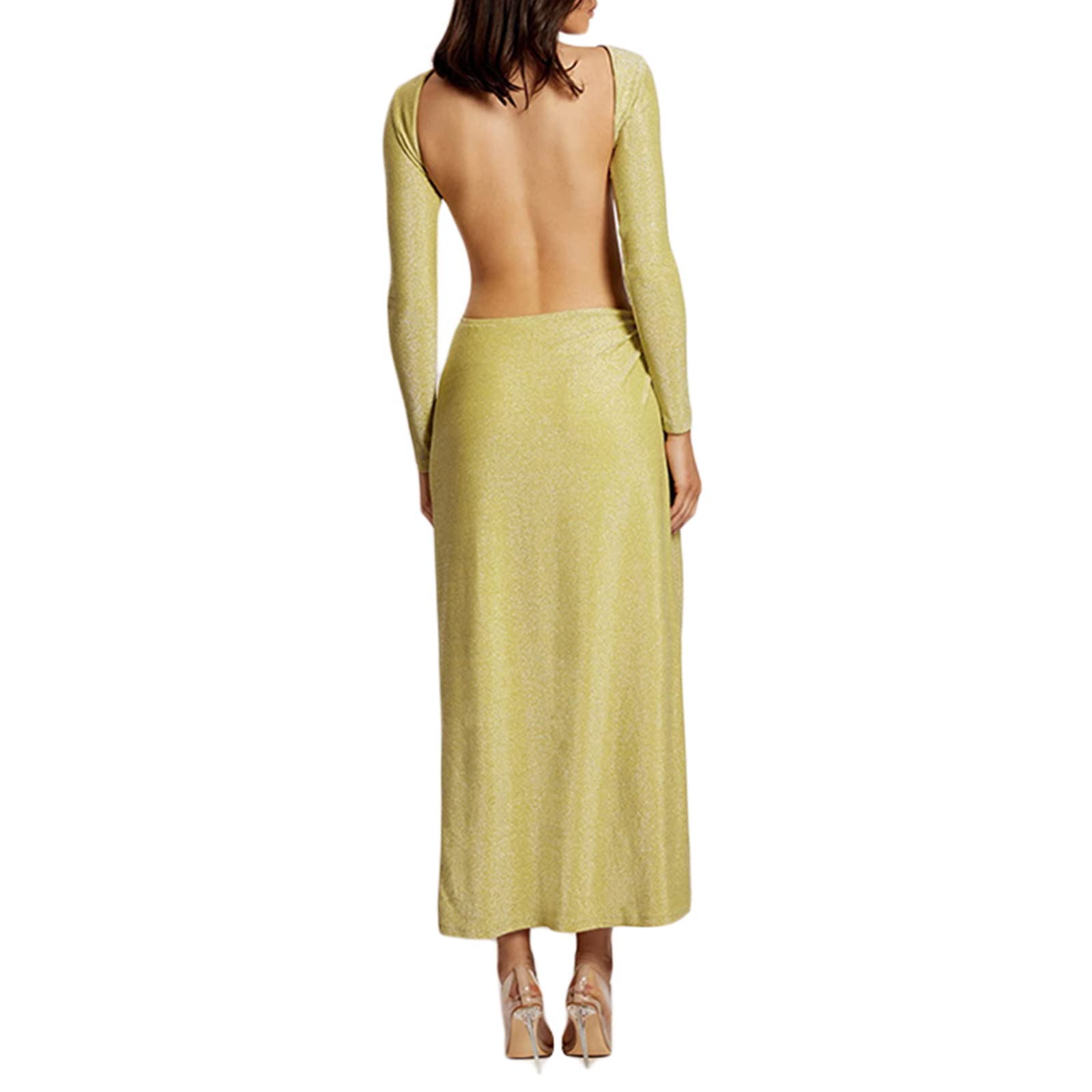 Elegant Women's Pleated Slit Maxi Dress with Long Sleeves & Hollow Backless Design - Knitted Midi Dress for Party, Wedding & Evening Occasions