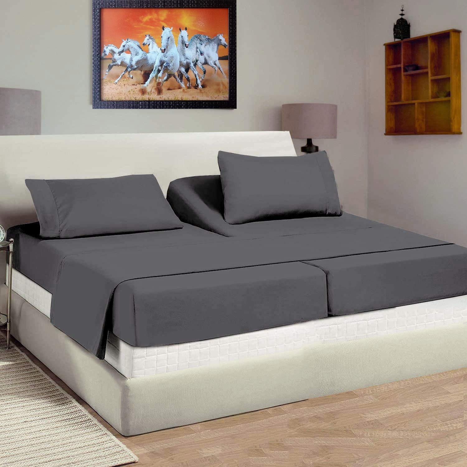 **5-Piece Split Queen Sheet Set for Adjustable Beds - 100% Cotton Deep Pocket (12-15 Inch) Charcoal Solid - Perfect for Adjustable Beds, Sleep Number Beds & Split King Mattresses**    *(Use Cases: Ideal for couples with different sleep preferences, adjustable bed frames, and sleep number beds for ultimate comfort and convenience.)*