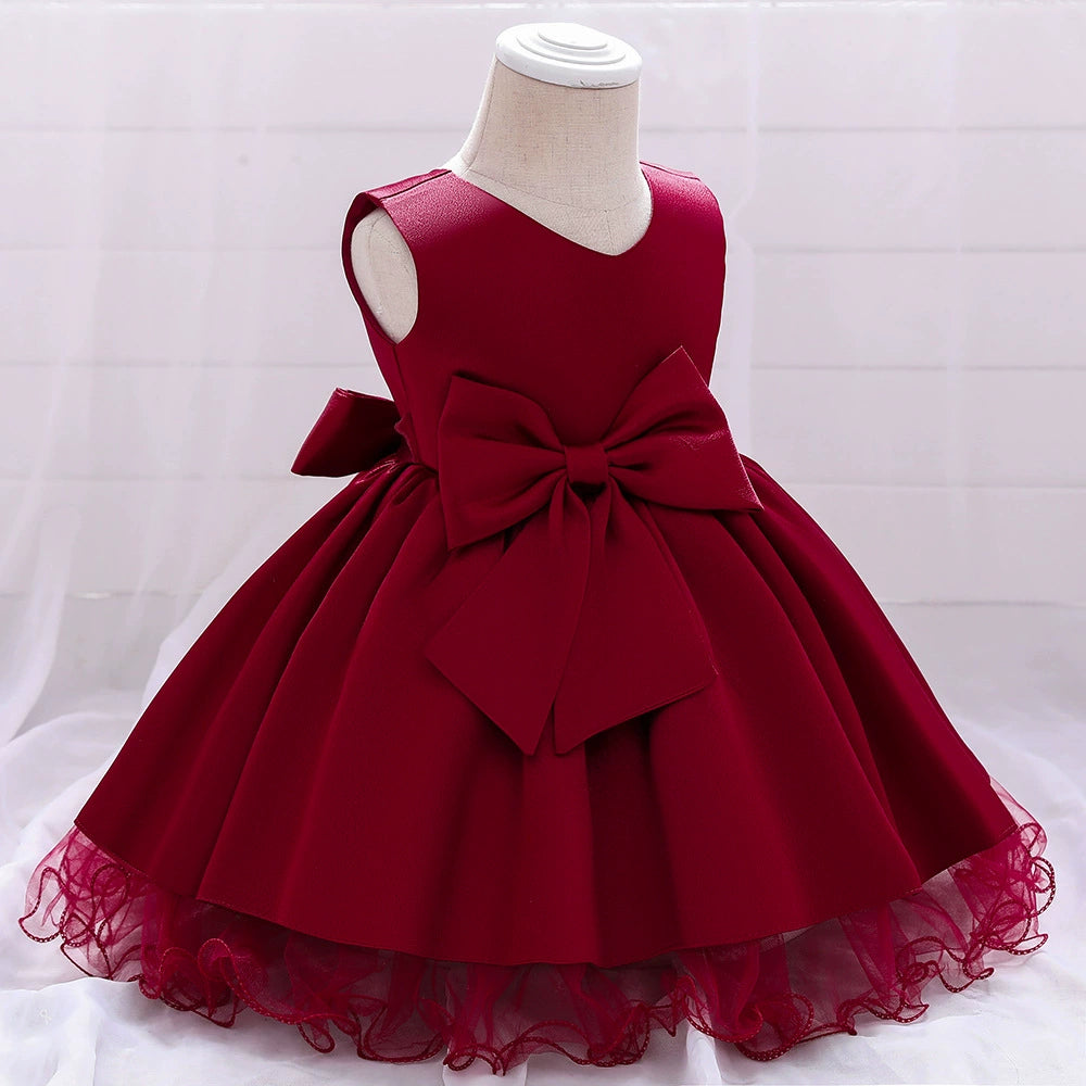 Burgundy Princess Round Neck Tea Length Satin Flower Girl Dress for Weddings & Special Occasions