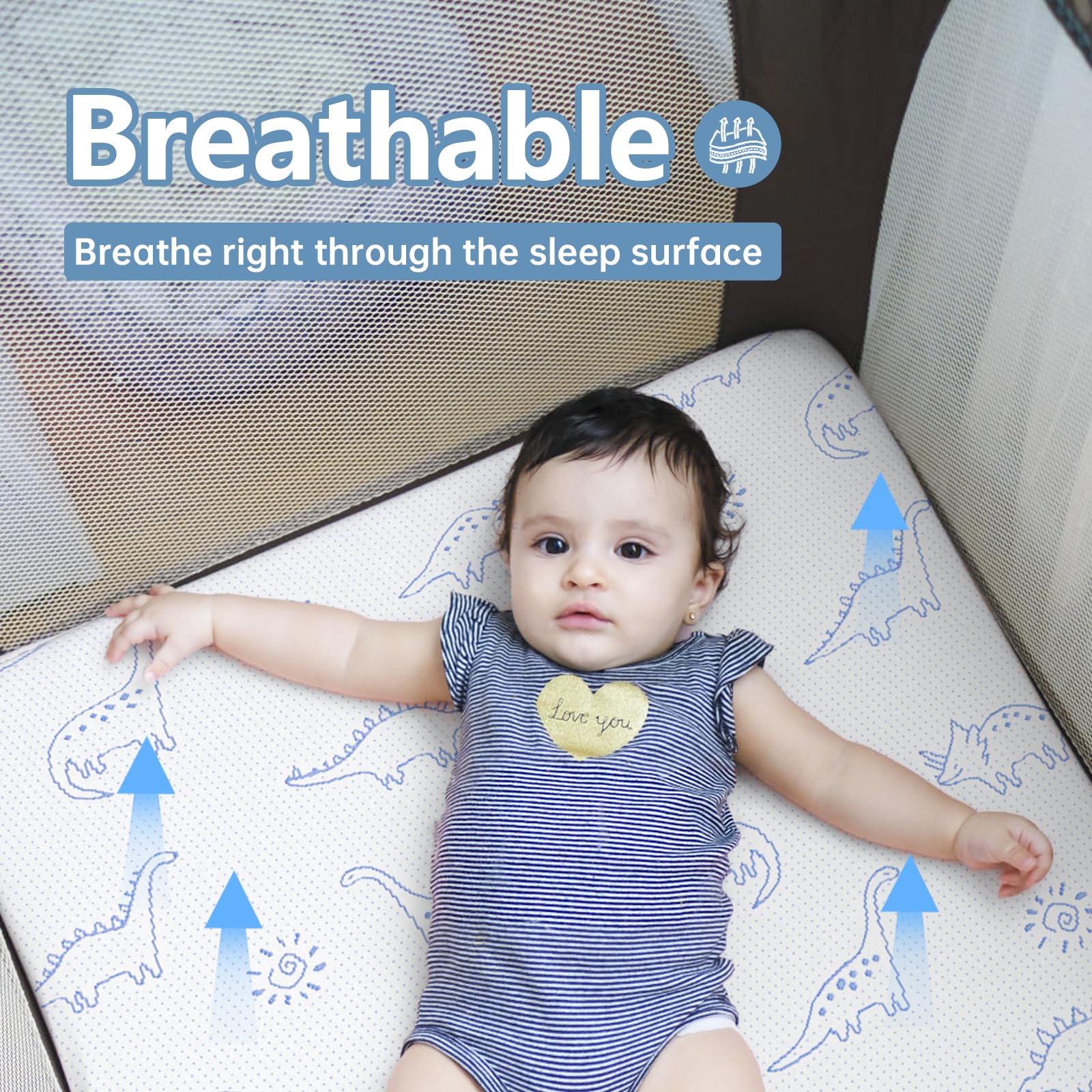 Dual-Sided Memory Foam Pack and Play Mattress Pad for Babies & Toddlers - 38x26 Inch Portable Mini Crib Mattress with Ultra-Soft Dinosaur Cover, Removable & Washable - Perfect for Travel, Daycare, and Home Nursery Use
