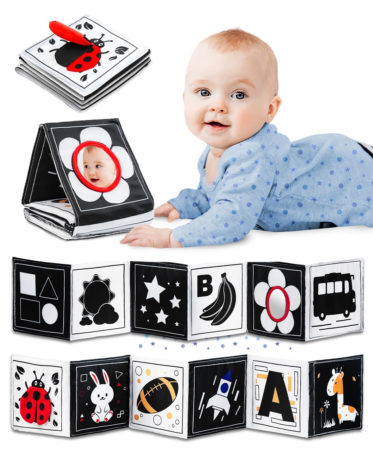 Infinno High Contrast Crinkle Cloth Activity Book - Black & White Baby Toys for 0-6 Months | Infant Sensory Mirror & Tummy Time Toys | Essential Newborn Developmental Gifts for Playtime & Learning