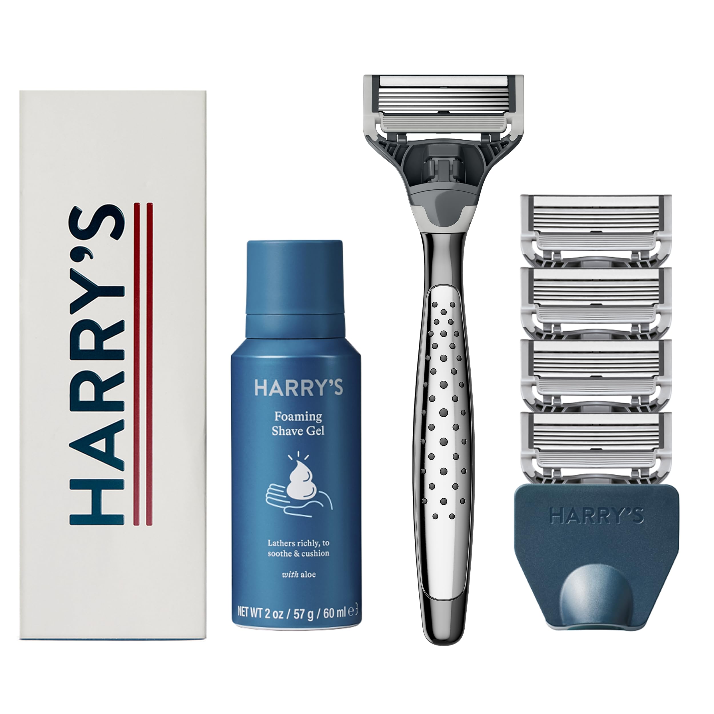 Premium Harry's Shaving Kit for Men - Stainless Steel Razor Handle, 5 Blade Refills, Foaming Shave Gel & Travel Cover - Luxury Grooming Gift Set for Smooth Shaving at Home or Travel