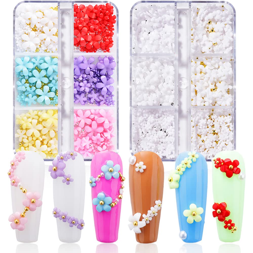 3D Acrylic Flower Nail Charms - 2 Boxes Cherry Blossom Nail Art Rhinestones with Pearls for DIY Manicure | Spring Nail Decorations for Wedding, Party & Special Occasions