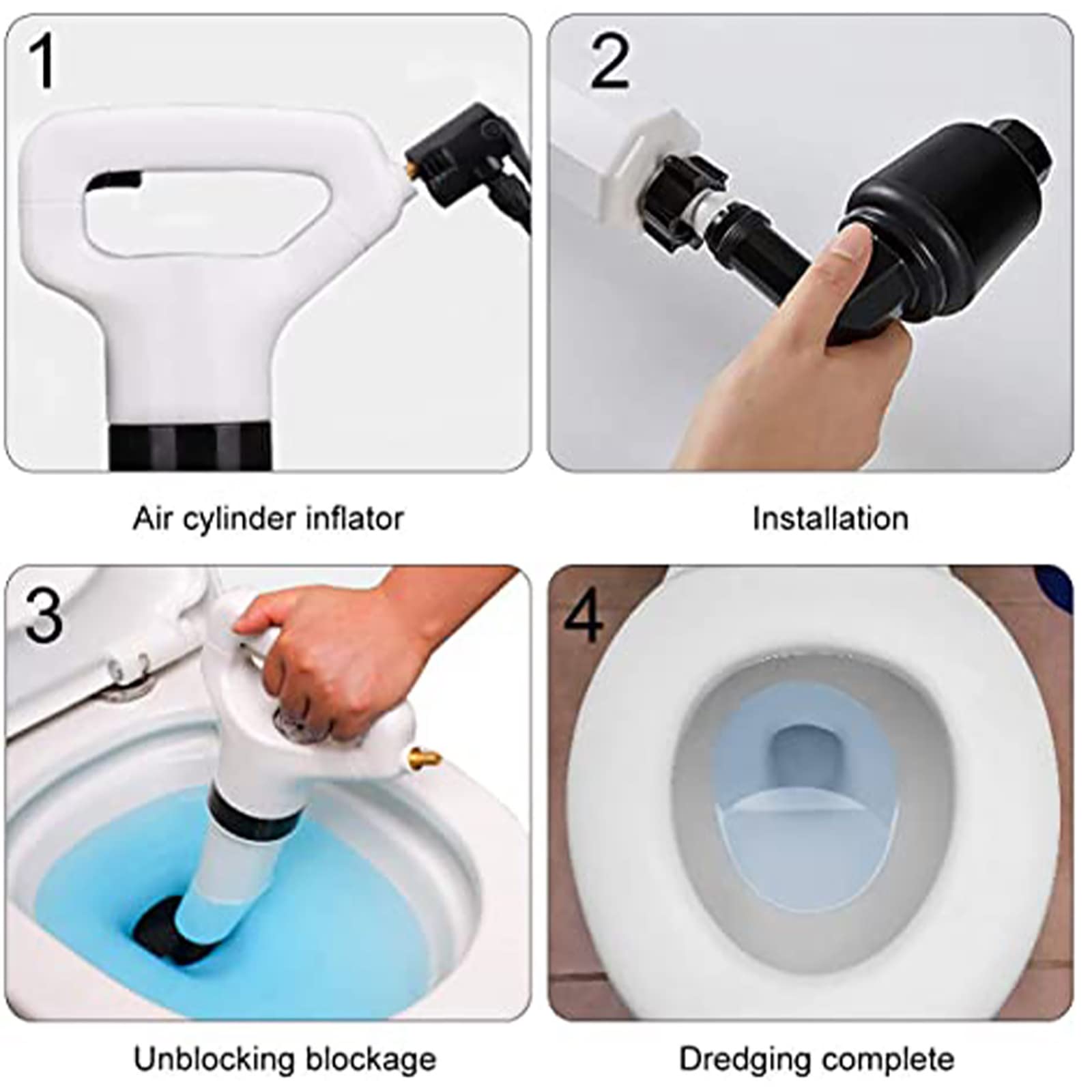 High Pressure Air Drain Blaster Gun Plunger Kit with 4 Nozzle Heads - Professional Toilet, Sink & Bathtub Unclogging Tool for Kitchen, Bathroom & Sewer Drain Cleaning - Perfect for Home Plumbing Emergencies