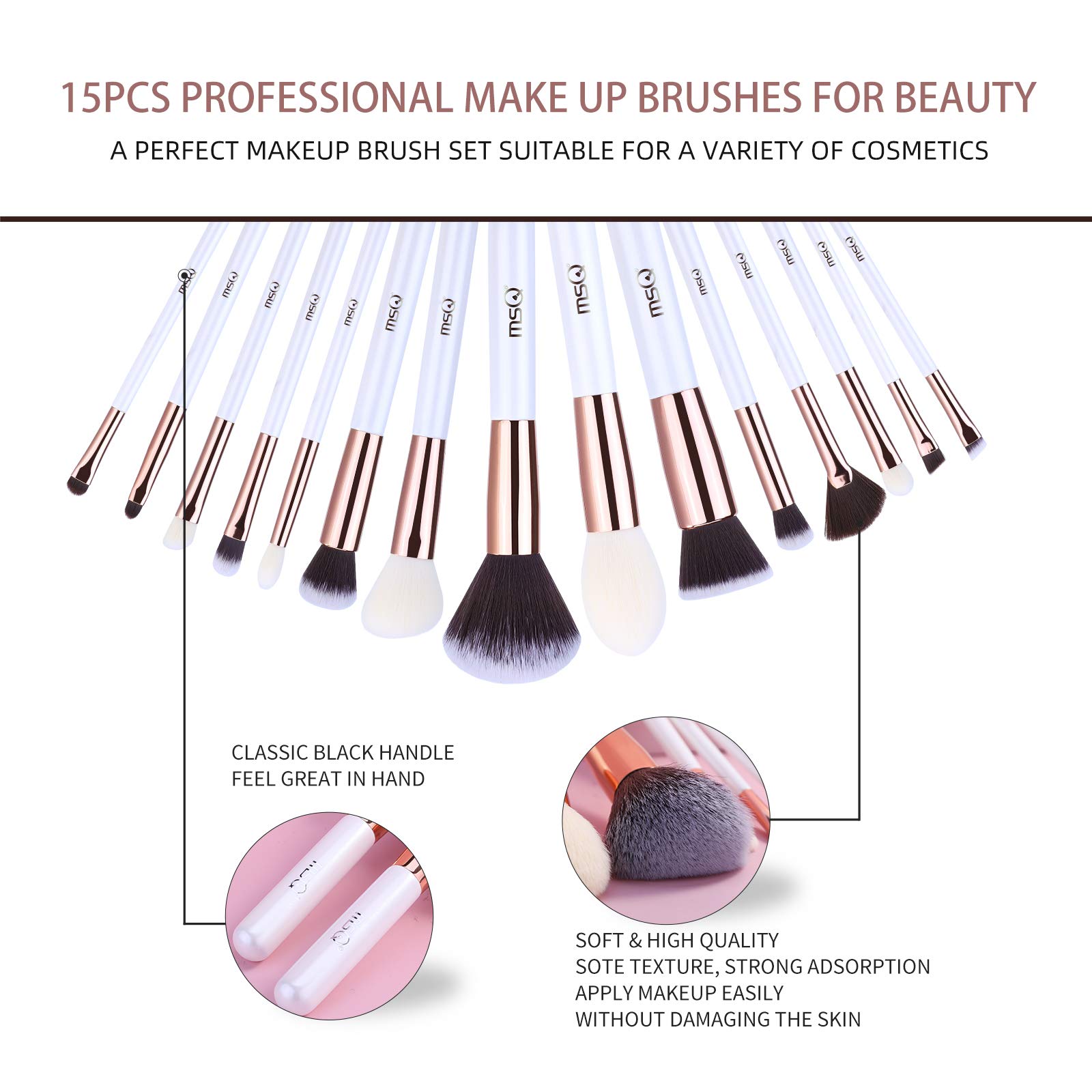 MSQ Premium 15-Piece Synthetic Makeup Brush Set - Professional Foundation, Powder, Eyeshadow, Concealer & Blending Brushes (White) - Perfect for Everyday Makeup & Travel