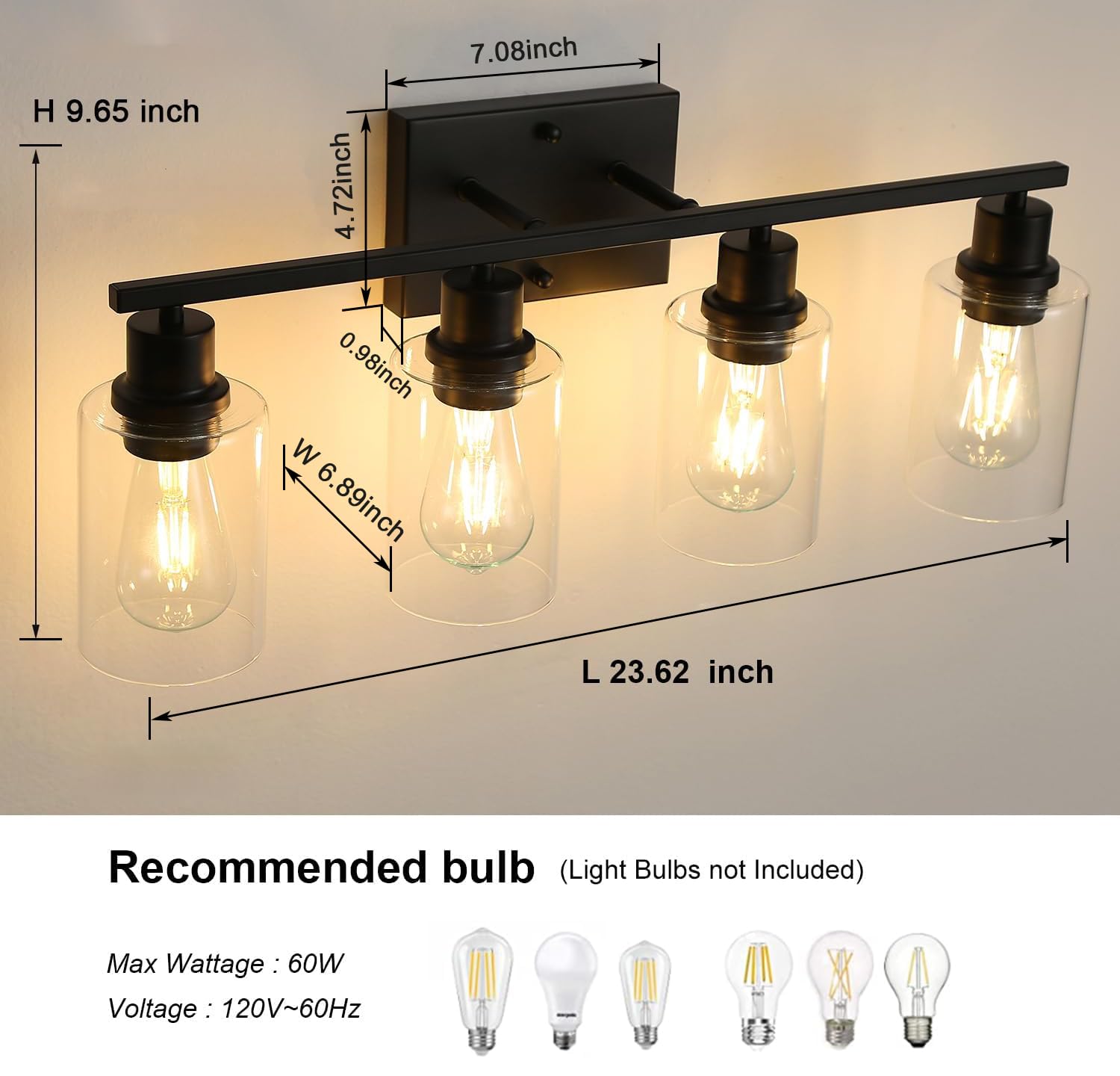 4-Light Matte Black Bathroom Vanity Light Fixture with Clear Glass Shade - Wall Sconce for Bathroom, Hallway, Farmhouse Bedroom & Living Room Lighting