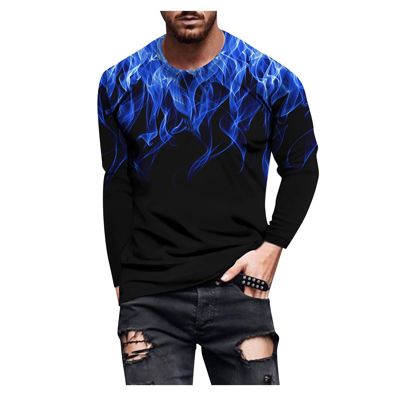 DUEIG Men's Long Sleeve T-Shirt - 3D Digital Printed Retro Fire Design Muscle Workout Athletic Tee for Fall | Gym, Running, Casual Wear