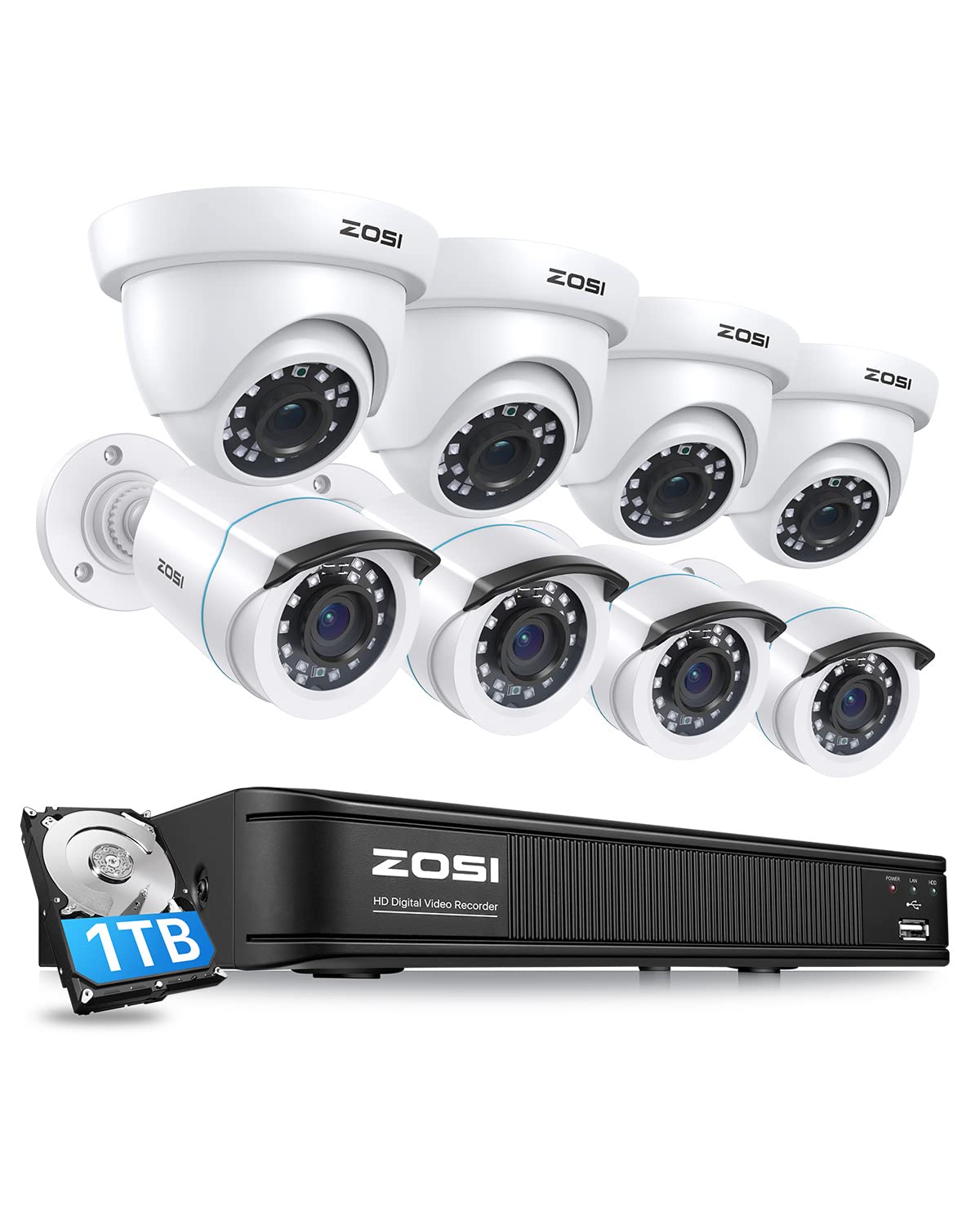 ZOSI 8 Channel 5MP Lite H.265+ DVR Security System with 8 x 1080p Weatherproof CCTV Cameras - Night Vision, Motion Detection, Remote Viewing & 1TB HDD - Ideal for Home, Business & Outdoor Surveillance