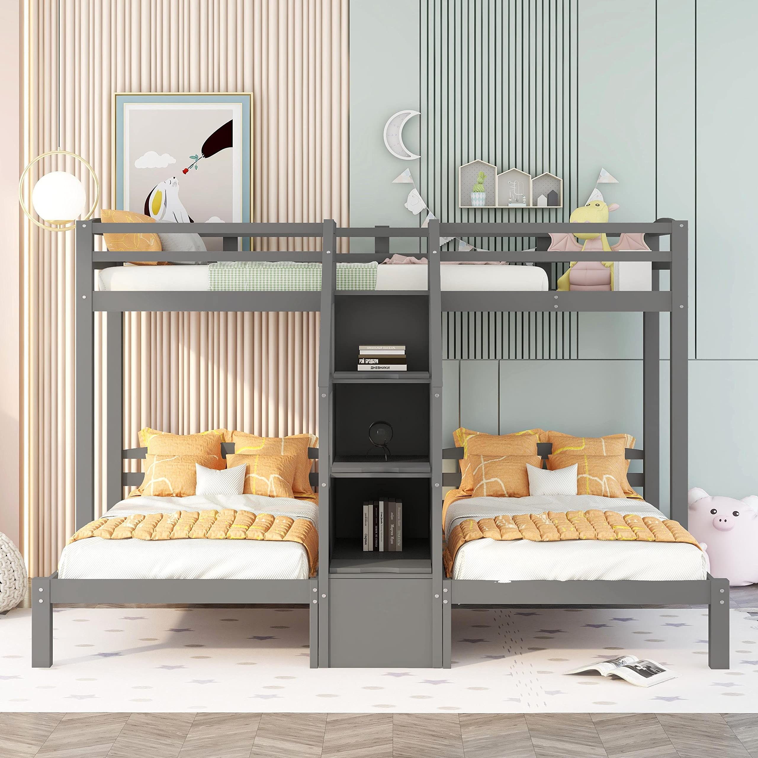 Wooden Triple Bunk Beds with Staircase - Twin Over Twin Bunk Bed with Storage for 3 Kids - L-Shaped Space-Saving Bunk Bed for Girls & Boys in White - Perfect for Kids' Bedrooms, Dormitories & Vacation Homes