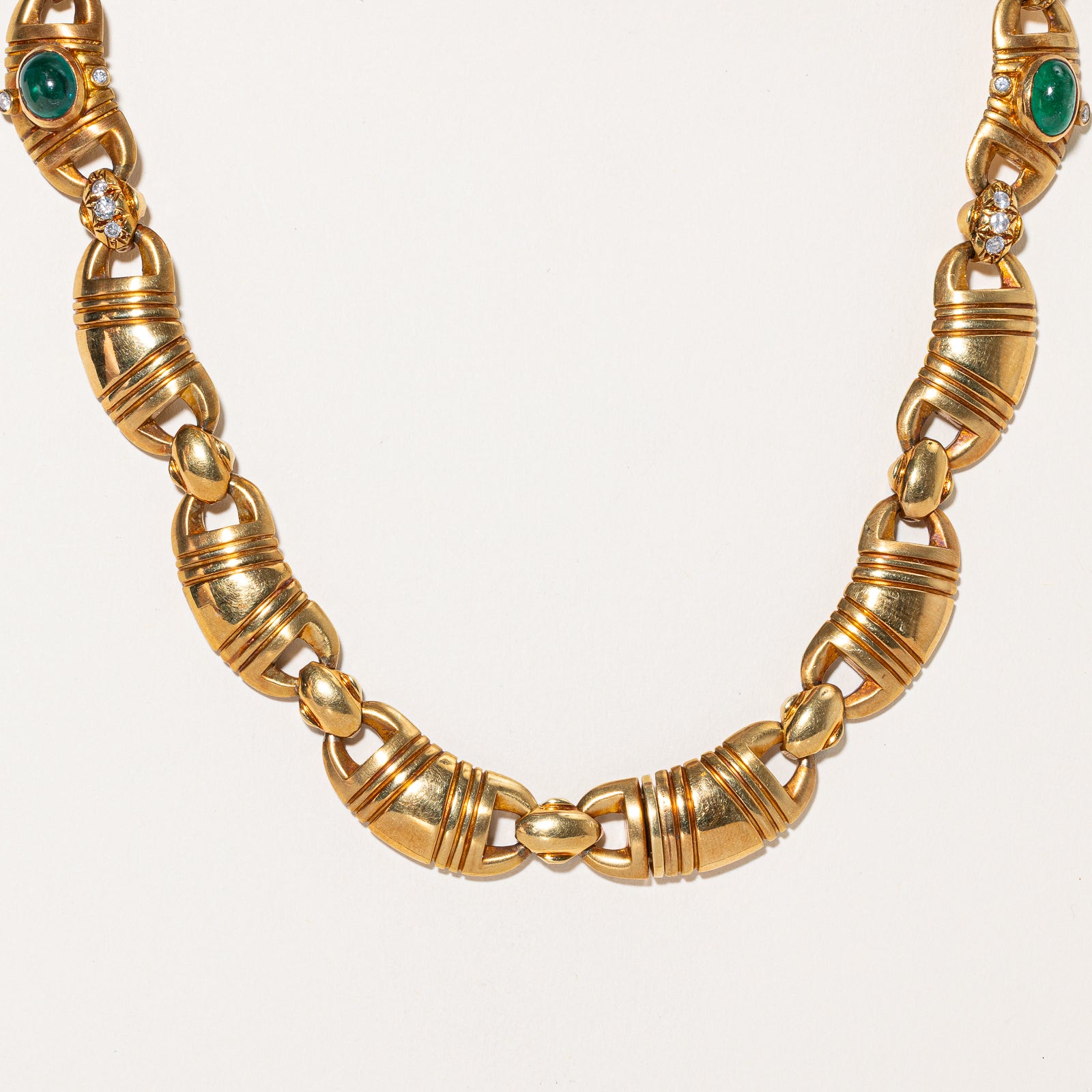 18K Vintage Retro Emerald & Diamond Heavy Solid Gold Necklace | 13.78ctw Emerald & 1.76ctw Diamond | 16