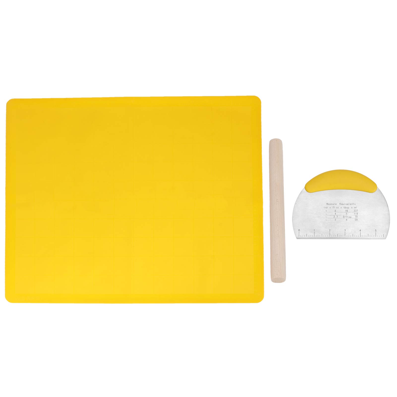 3-Piece Silicone Dough Mat Set with Rolling Pin - Non-Stick Baking Mat for Bread, Pizza & Pasta Making - Perfect for Kitchen, Home Baking & Noodle Preparation (Yellow)