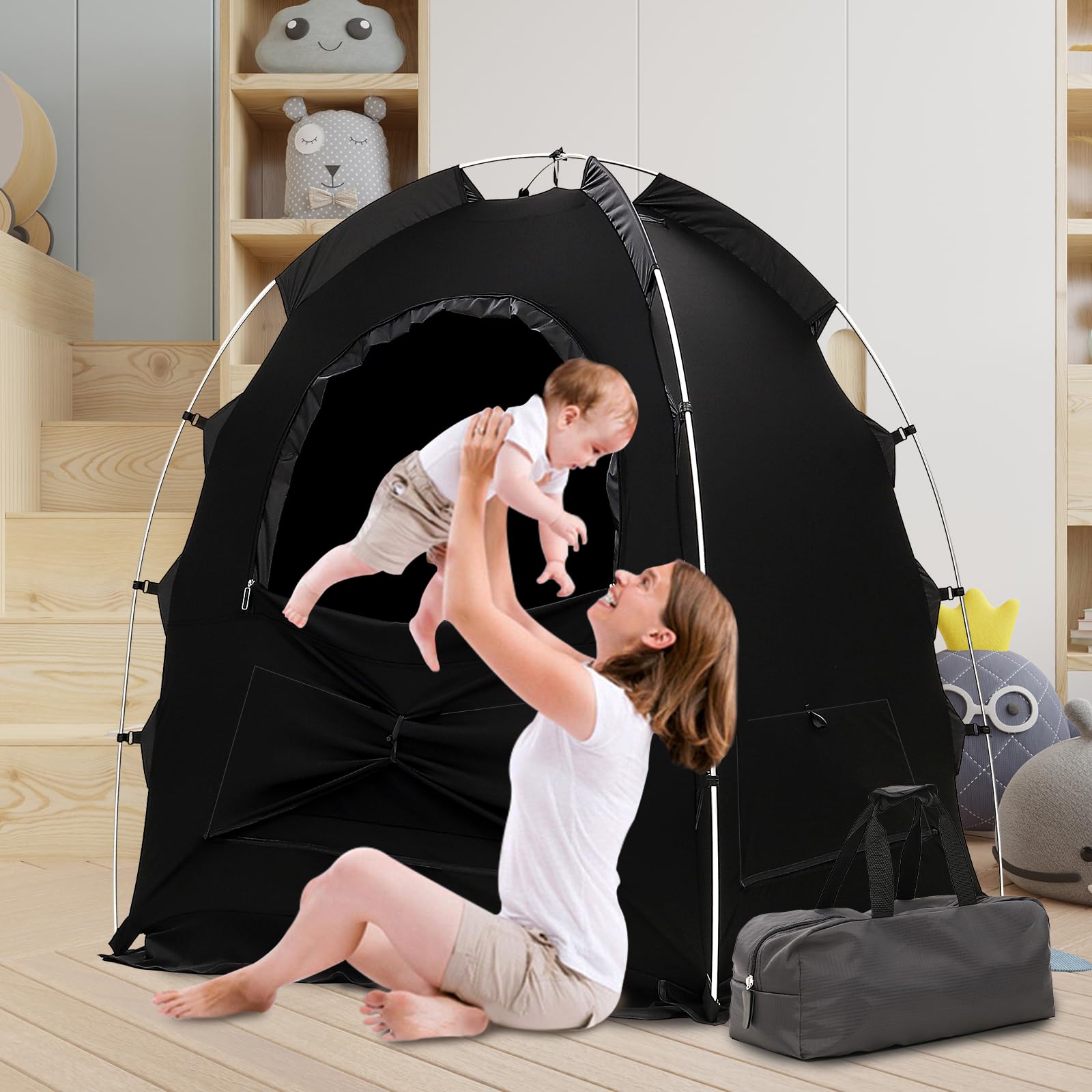Blackout Sleep Tent for Mini Crib & Pack N Play - 95% Light Blocking Portable Baby Canopy Cover | Nursery, Travel & Indoor Play Tent (Black)