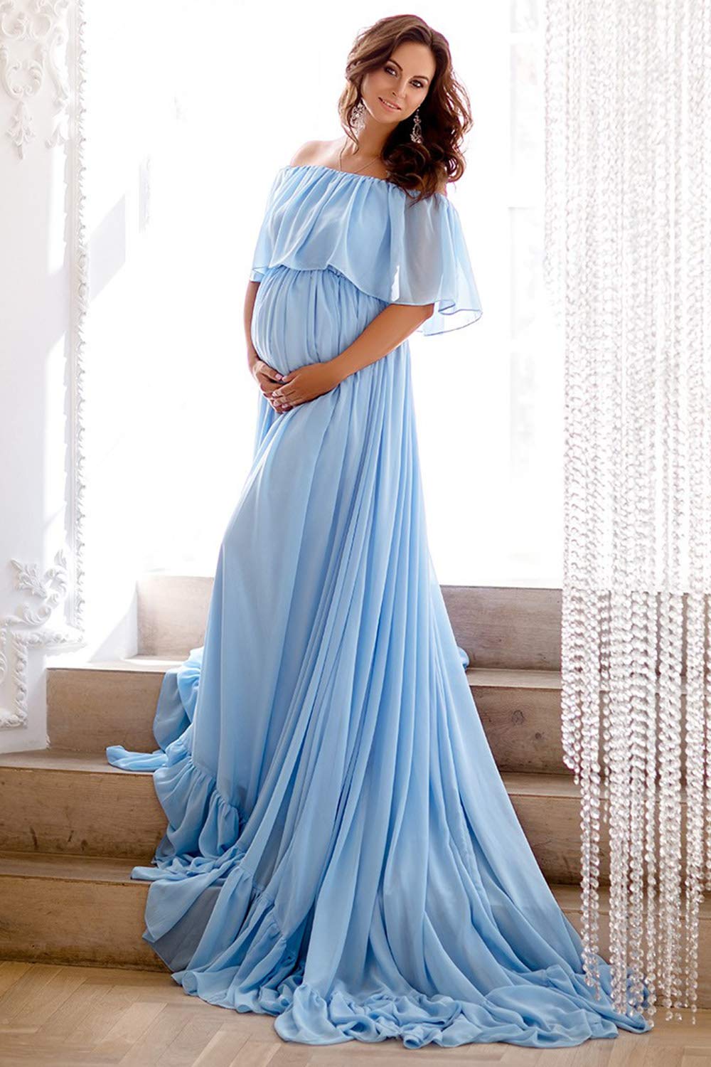 Elegant Off Shoulder Maternity Gown - Flowy Chiffon Maxi Dress with Train for Pregnancy Photoshoot & Special Occasions | Comfortable Formal Wear for Expecting Mothers