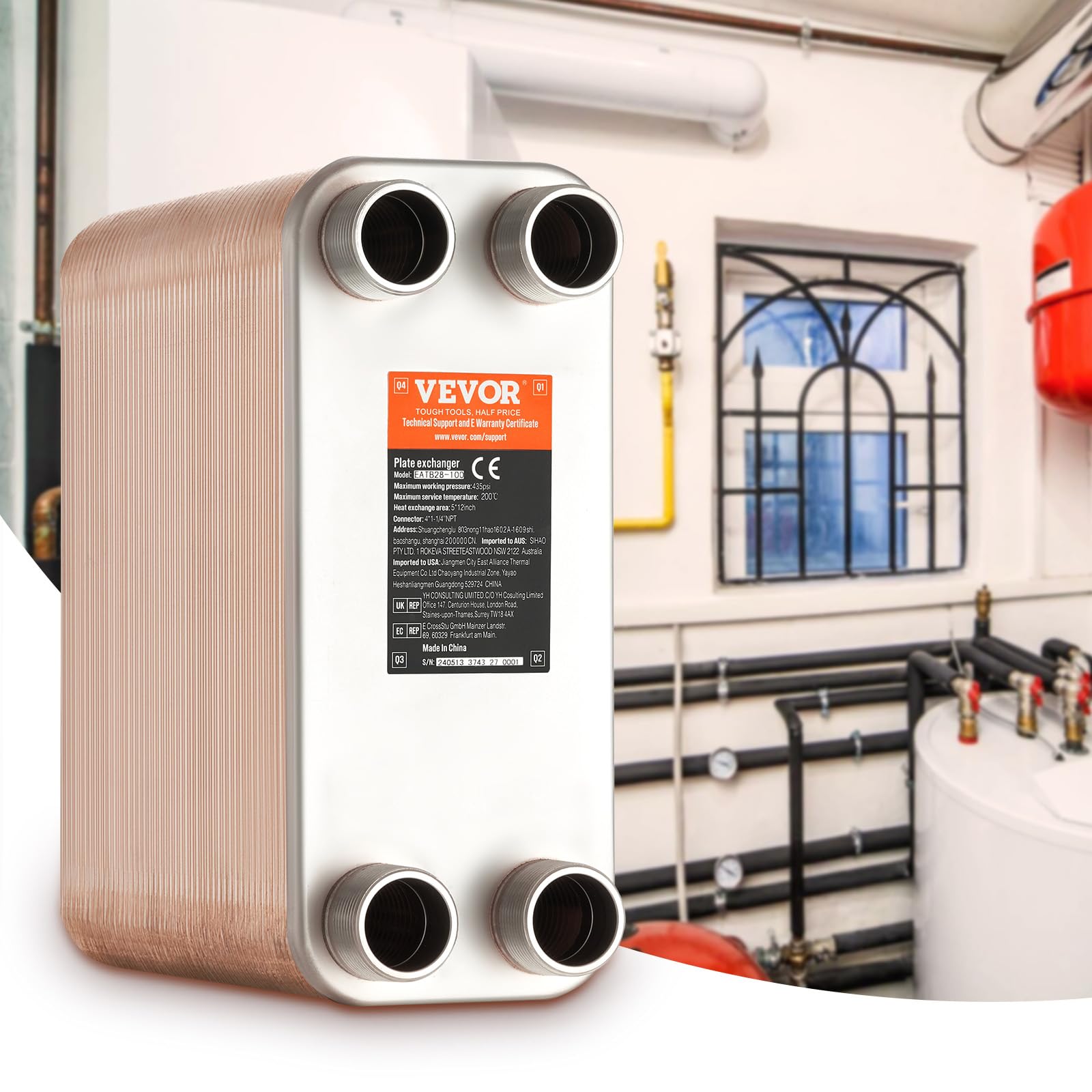 VEVOR 100 Plate Stainless Steel & Copper Heat Exchanger - High Efficiency Plate Heat Exchanger for HVAC, Industrial & Marine Applications - Perfect for Heating, Cooling & Heat Recovery Systems