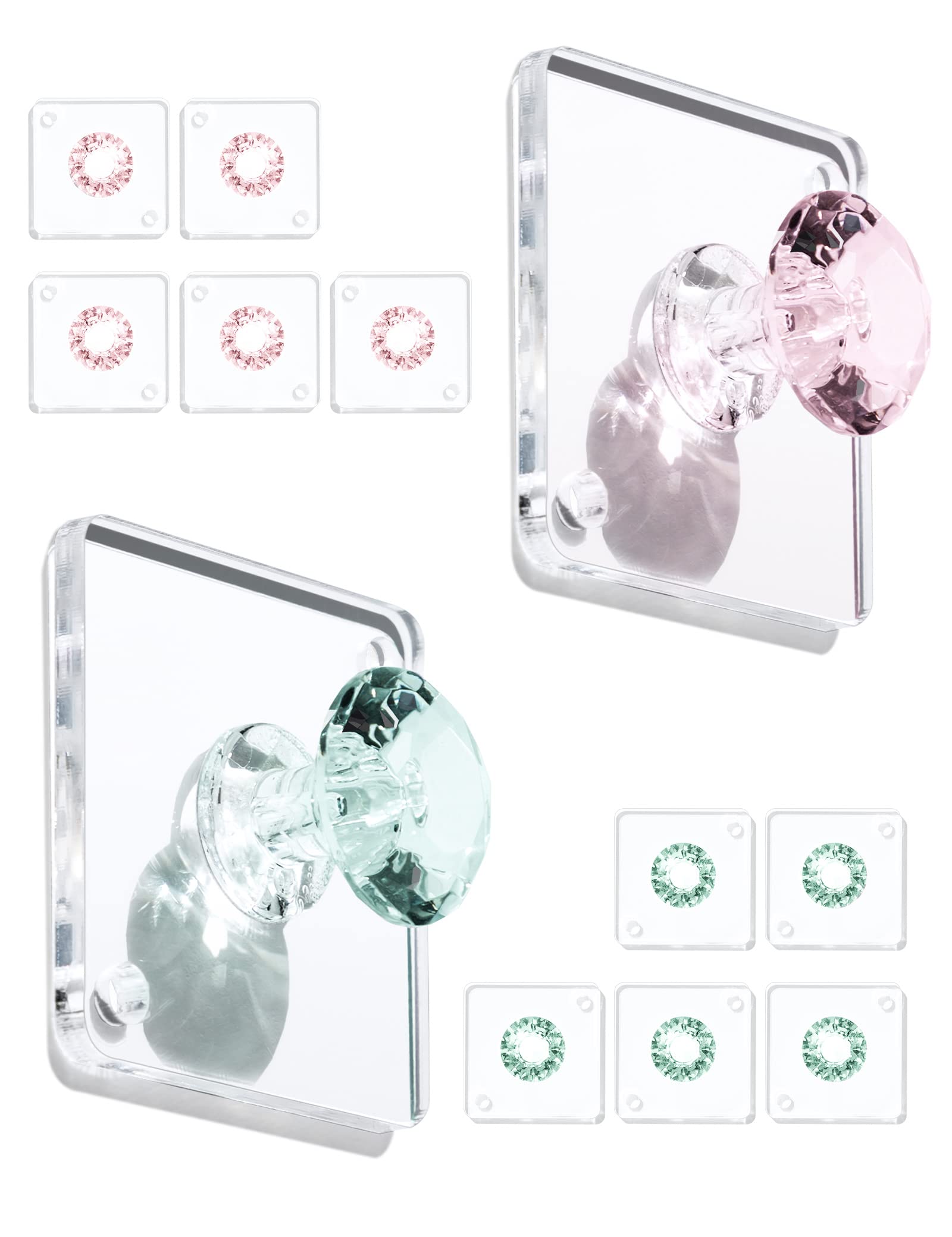 Zreal Acrylic Wall Hooks - 12 Pack Adhesive Hooks for Jewelry, Keys & Decor - Diamond Wall Hangers in Green & Pink - Perfect for Bathroom, Bedroom & Office Organization