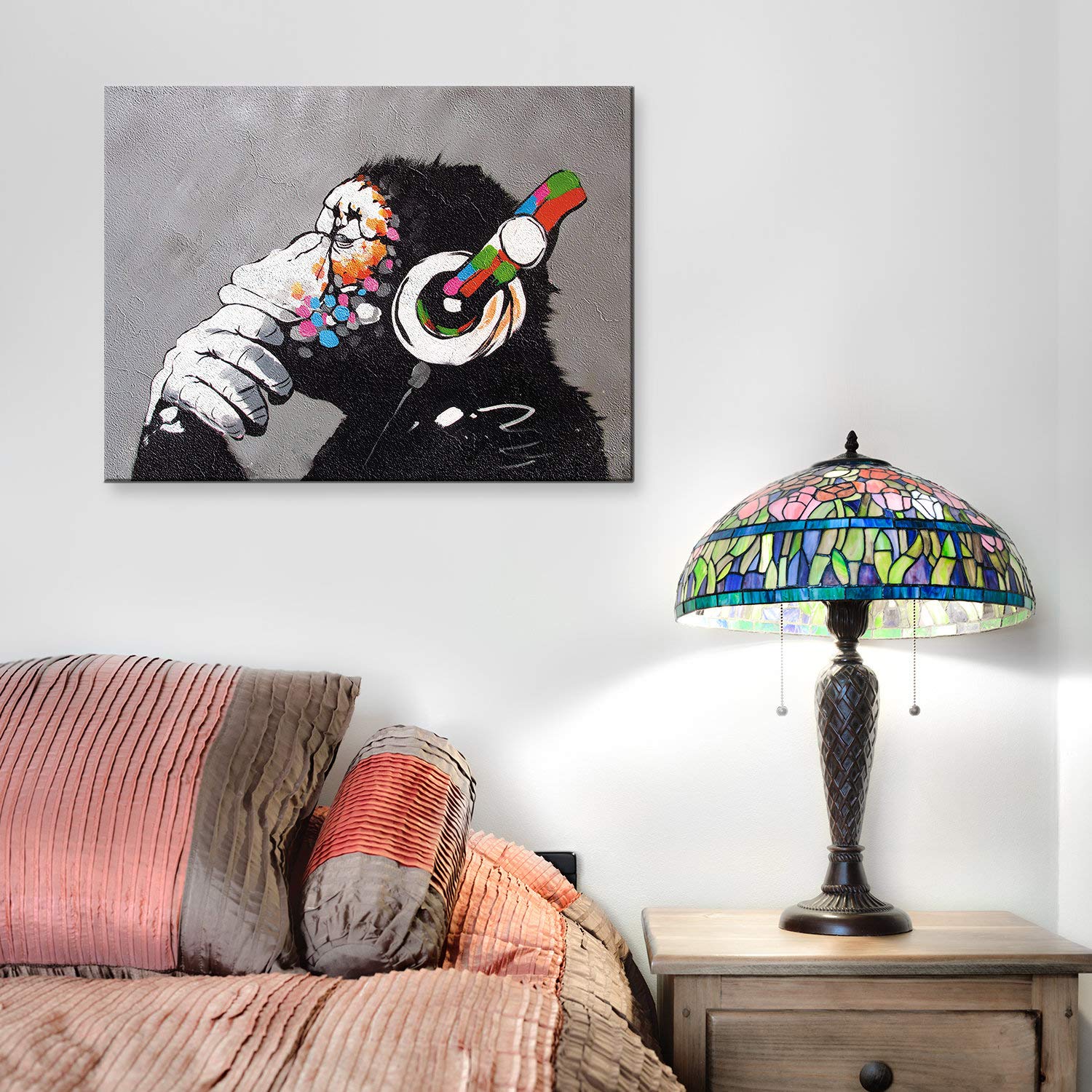 Thinking Monkey Headphones Canvas Wall Art Print - Banksy DJ Gorilla Thinker Nursery Decor, Large Music Funny Street Graffiti Bedroom Wall Art for Home & Office Decor