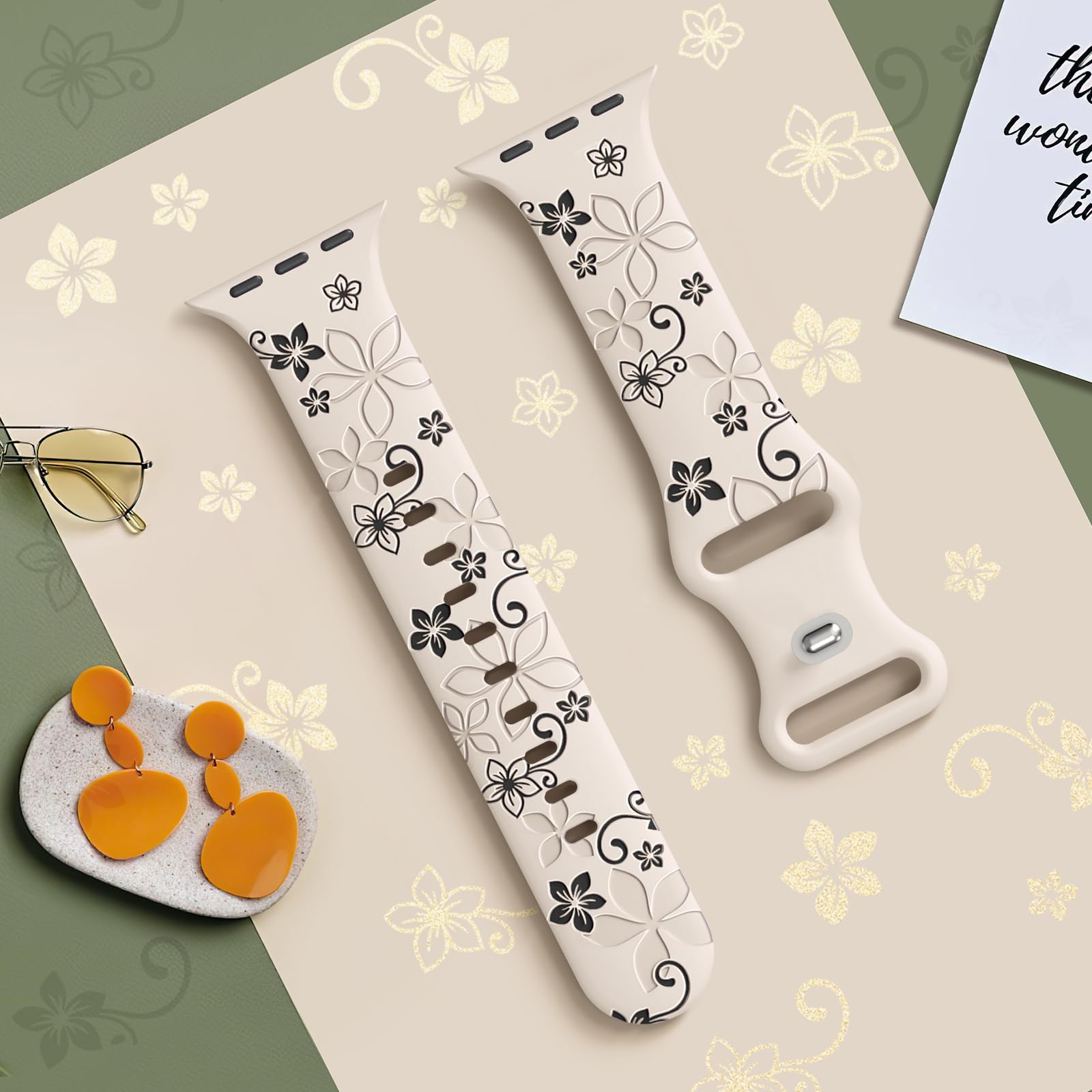 Floral Engraved Apple Watch Bands - Soft Silicone Sport Strap Compatible with 38mm 40mm 41mm 42mm 44mm 45mm 46mm 49mm (Series 1/2/3/4/5/6/7/8/9/10/SE/Ultra) - Cute Flower Design for Women - Perfect for Workouts, Daily Wear & Fashion Accessories