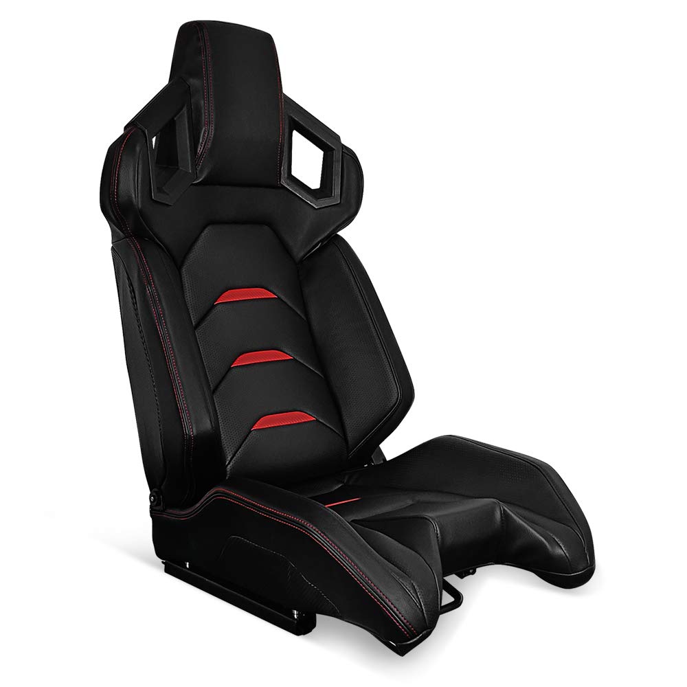 IKON MOTORSPORTS Universal Racing Seat - Right Passenger Side with Dual Slider, Black PU Leather with Red Stitch & Stripe, Reclinable - Perfect for Sports Cars, Drifting & Racing Enthusiasts