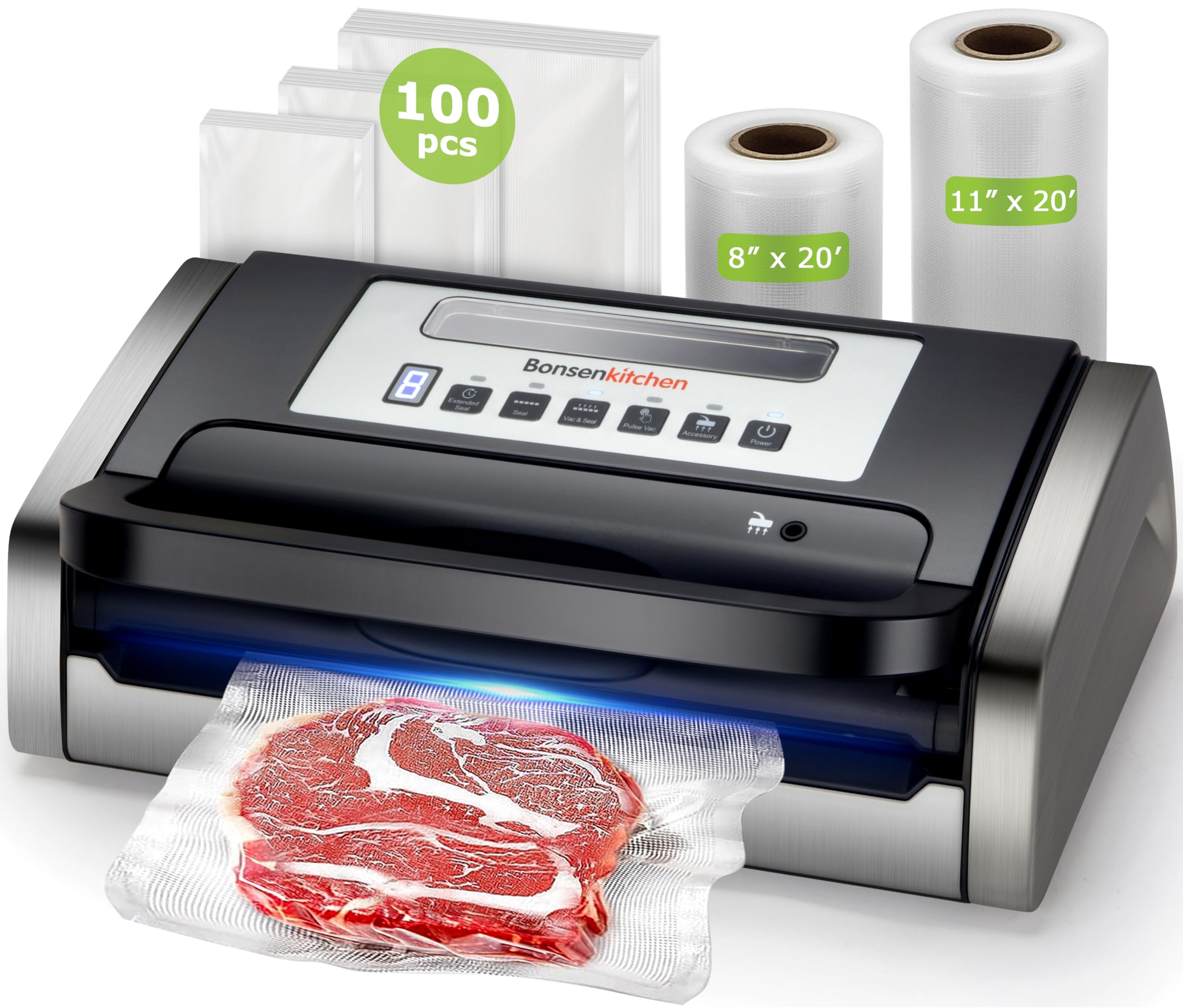 Bonsenkitchen Powerful & Quiet Vacuum Sealer Machine - High-Speed Continuous Food Sealer with Handle Lock & Built-in Cutter - Includes 2 Bag Rolls + 100 Vacuum Bags - Perfect for Meal Prep, Sous Vide, Food Storage & Freezing
