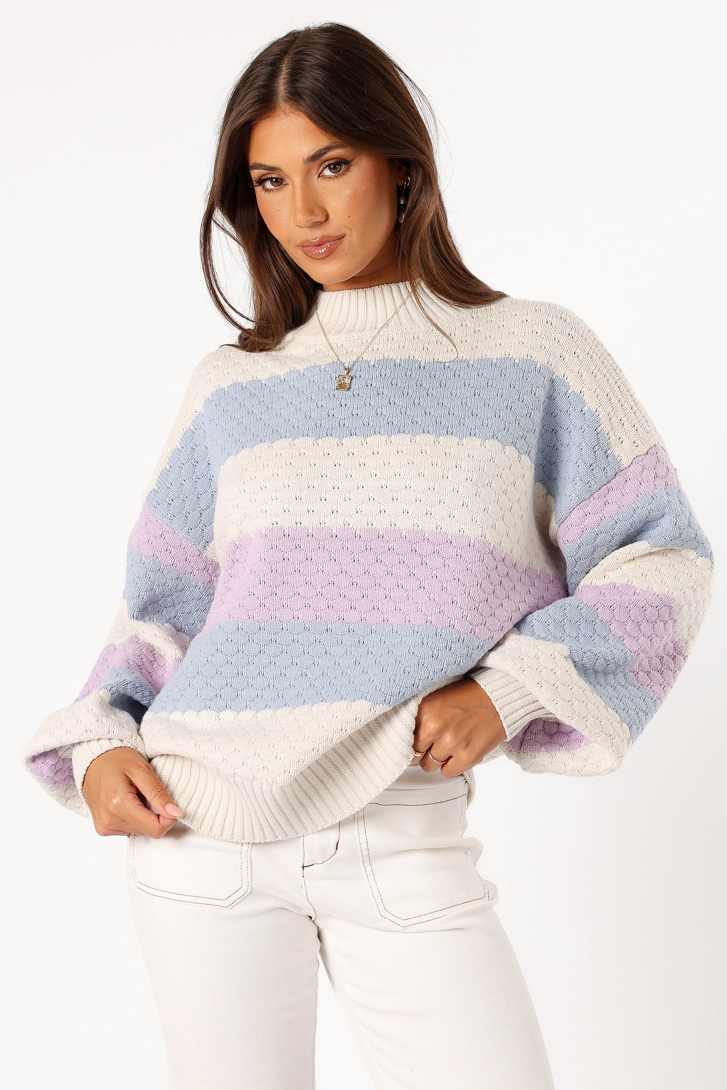 Dani Multi Stripe Knit Sweater for Women - Cozy White & Light Blue Pullover | Perfect for Fall, Winter & Casual Outfits