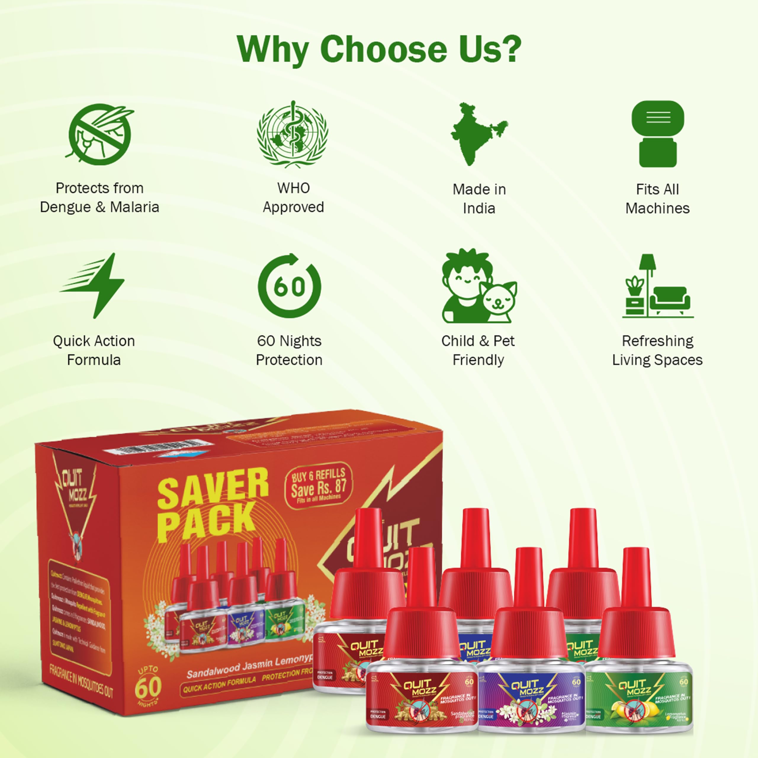 QUITMOZZ Liquid Vaporizer Refill - 6 Pack (45ml Each) | Mosquito Repellent with Lemon, Sandalwood & Jasmine Scents | Lasts 60 Nights | Fits All Vaporizer Machines | Kid & Pet Safe | Perfect for Bedrooms, Patios & Outdoor Camping