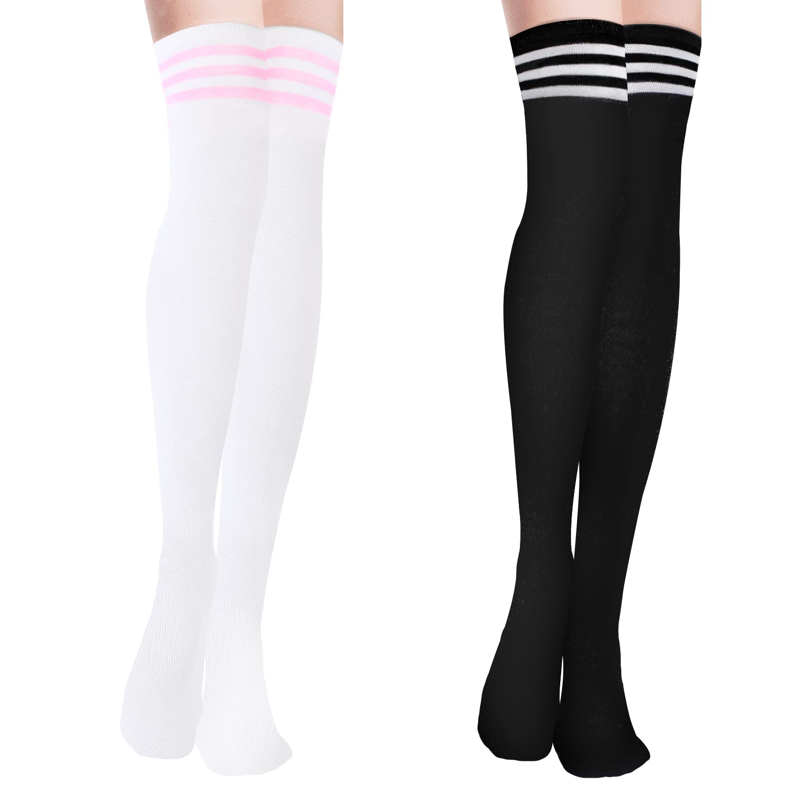 YOGINGO 2 PCS Thigh High Socks for Women - Cotton Striped Over Knee Socks for Daily Wear & Cosplay