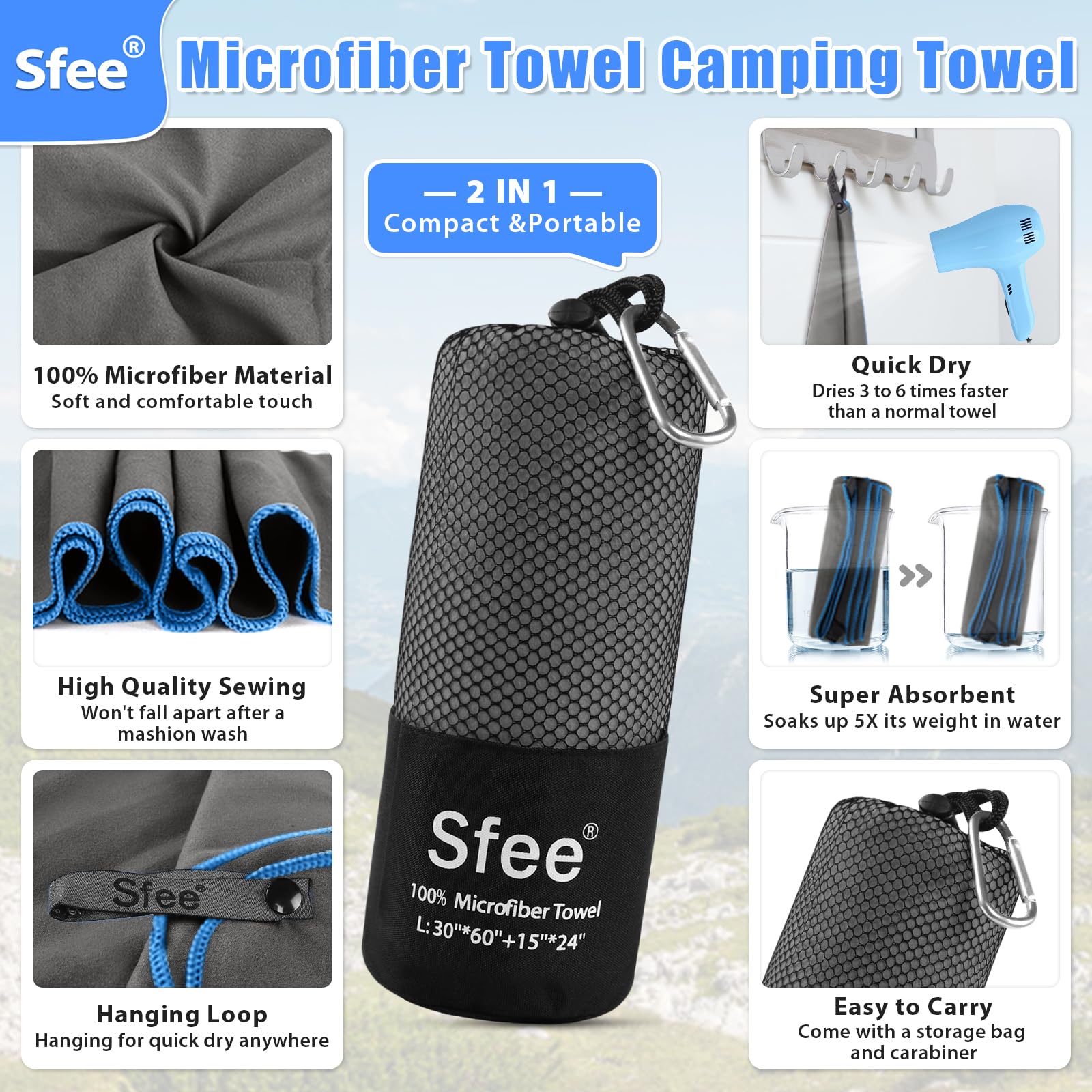 2 Pack Quick Dry Microfiber Travel Towel - Super Absorbent Lightweight Camping & Sports Towel for Gym, Swimming, Beach, Yoga, Hiking | Perfect for Travel, Backpacking, Pool & Bath Use