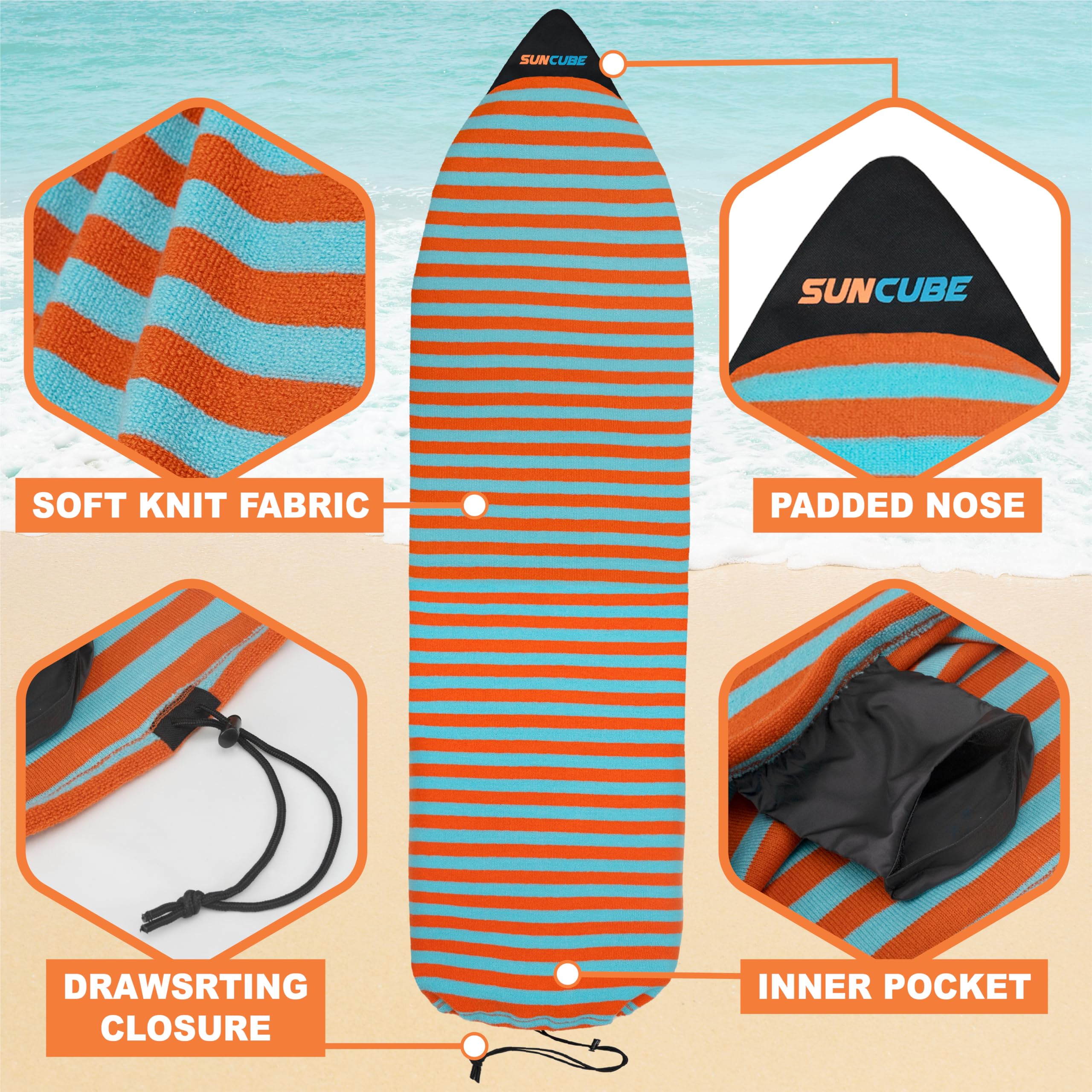 **SUN CUBE Surfboard Sock Cover - Stretchy Protective Bag for Longboard, Hybrid & Shortboard - Ideal for Travel, Storage & Board Protection**