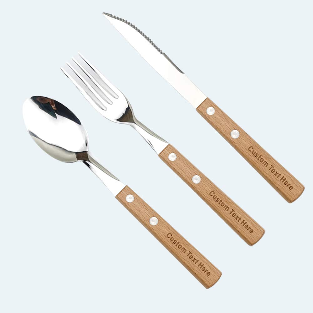 MOJIA Personalized Cutlery Set - Engraved Wooden Handle Stainless Steel Flatware with Spoon, Knife & Fork | Mirror Polished Custom Utensils | Perfect Wedding, Housewarming & Anniversary Gifts (Yellow Handle) for Dining, Picnics & Special Occasions
