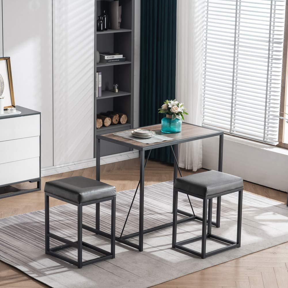 Veryke 3-Piece Dining Table Set with Table & 2 PU Stools - Compact Kitchen & Restaurant Table for Small Spaces in Walnut & Gray - Perfect for Apartments, Breakfast Nooks & Cozy Cafes