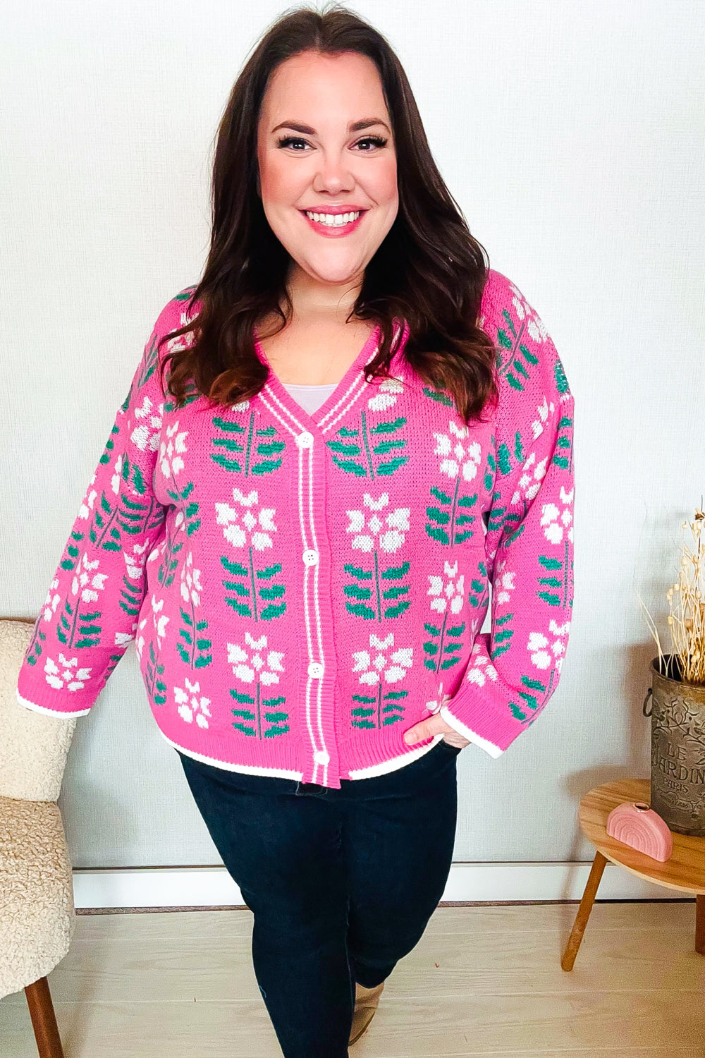All For Love Fuchsia Flower Print Button Down Knit Cardigan for Women - Soft Casual Long Sleeve Open Front Sweater for Spring, Fall & Winter (Office, Date Night, Weekend Outfits)