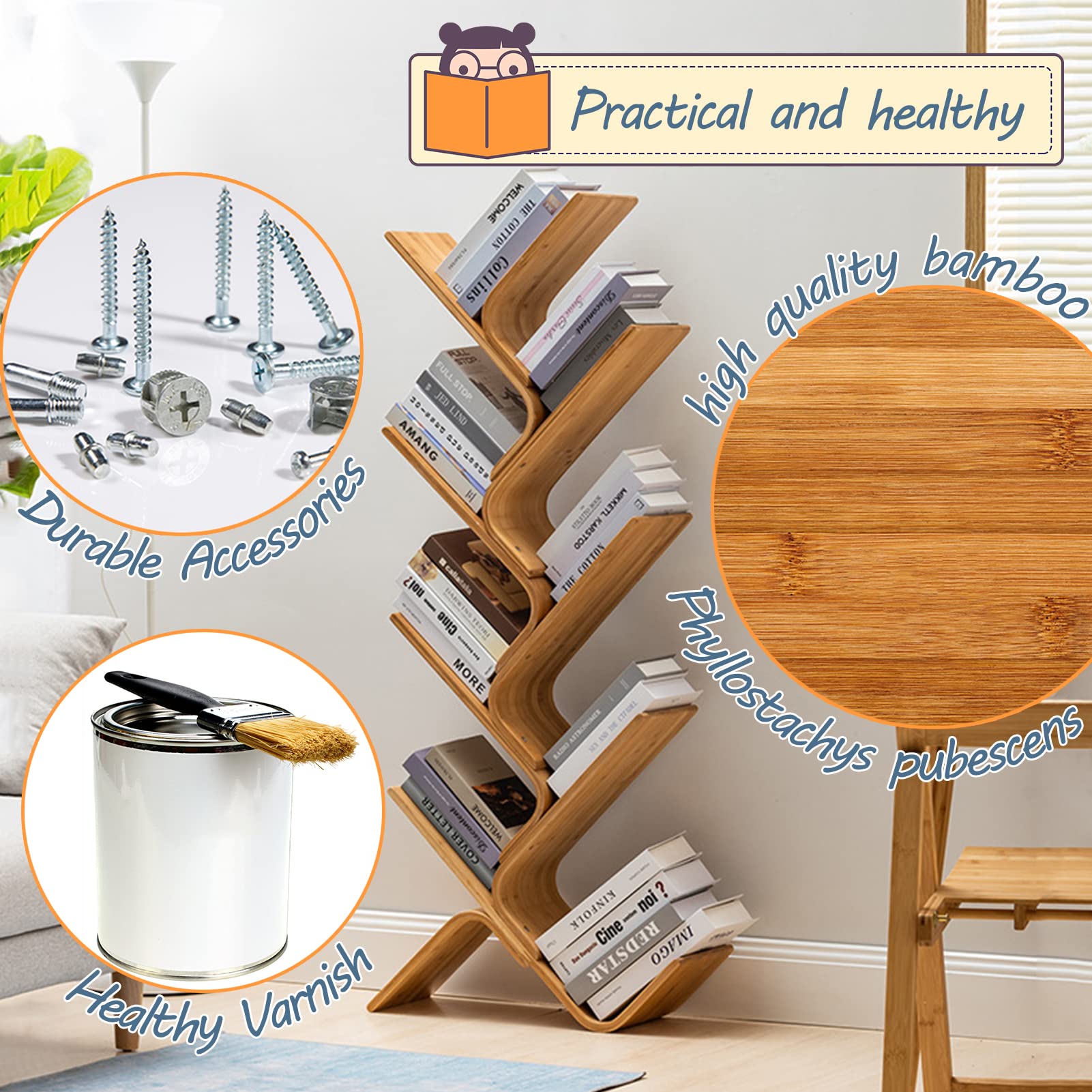 XM&LZ 8-Shelf Wooden Tree Bookcase - Modern Floor Standing Bookshelf for Living Room, Home Office & Study - Perfect for Organizing Books, Decor & Storage (Natural Wood Finish)