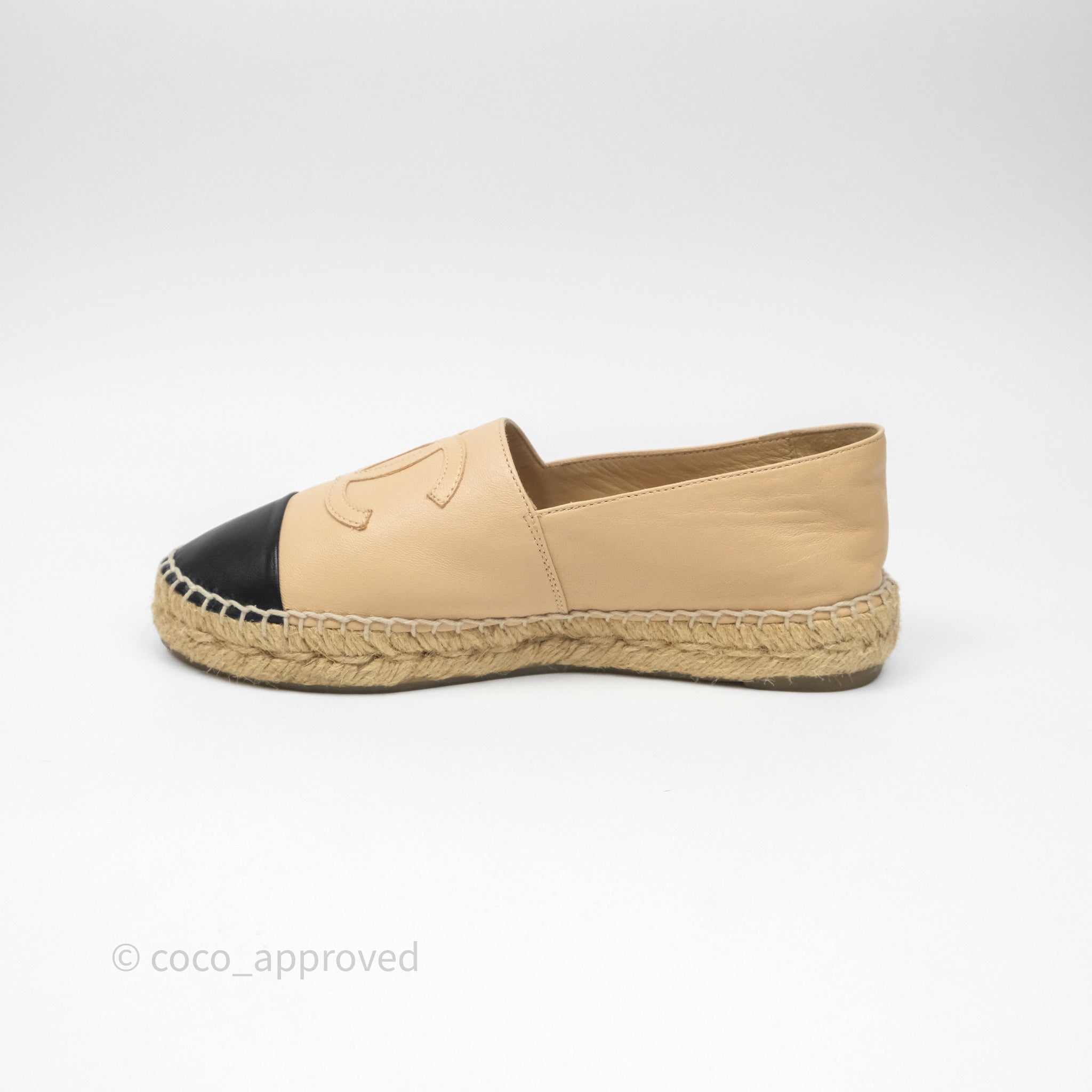 Chanel CC Logo Espadrilles in Beige & Black Lambskin - Women's Size 36 | Comfortable Luxury Flats for Casual Outings & Summer Fashion
