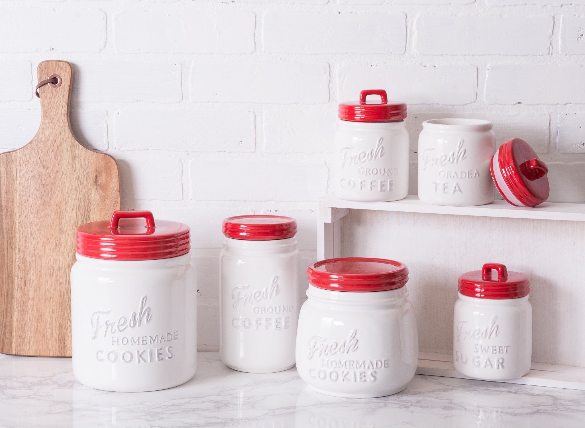 DII Ceramic Canister Set for Kitchen Storage - 3-Piece Airtight Food Containers with Lids, Red - Perfect for Pantry Organization, Coffee, Tea, Sugar & Flour Storage