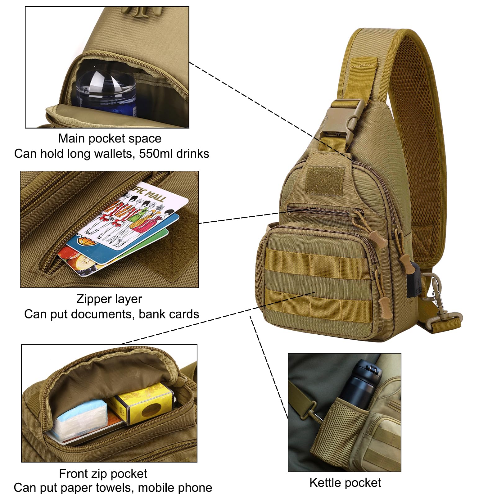 Tactical Sling Crossbody Backpack with Water Bottle Holder & MOLLE System | EDC Shoulder Chest Bag with USB Charging Port | Perfect for Travel, Hiking & Outdoor Adventures (Coyote Brown)