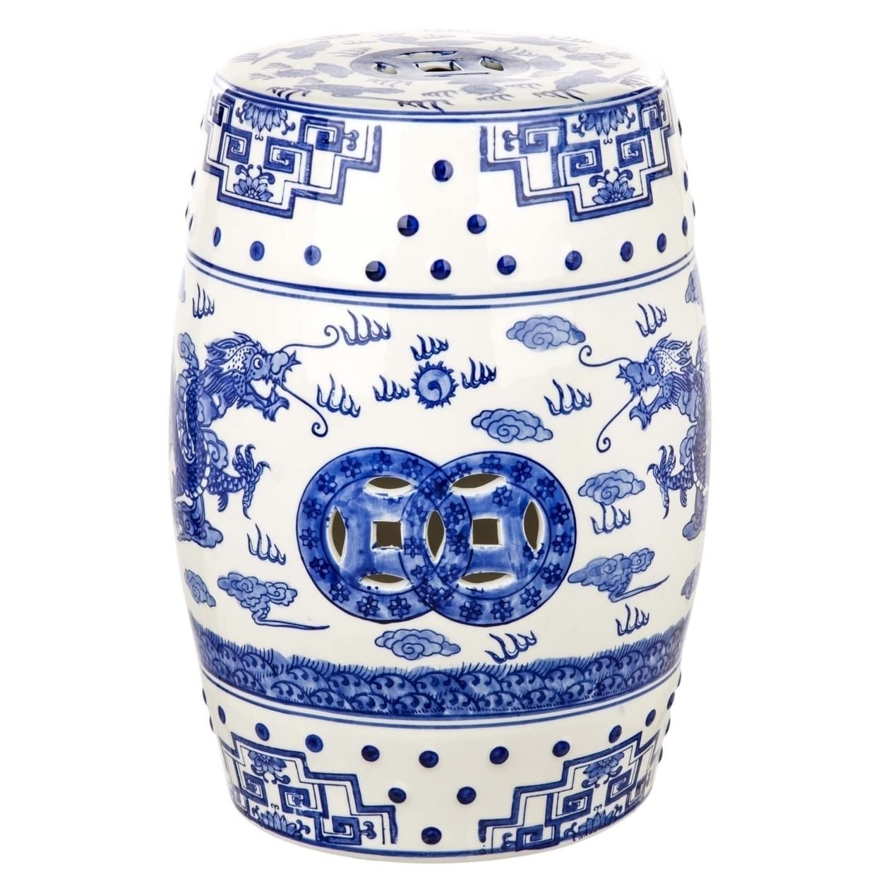 Safavieh Castle Gardens Collection Glazed Ceramic Blue Dragon's Breath Chinoiserie Garden Stool - Handcrafted Asian-Inspired Side Table for Outdoor Patio, Living Room & Home Decor