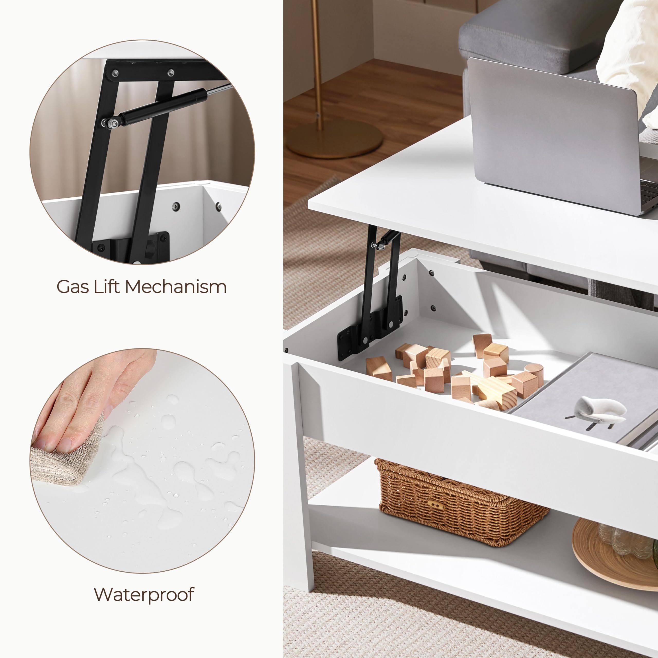 Topeakmart Adjustable Lift Top Coffee Table with Hidden Storage Compartment and Shelf - Modern White Lift-Top Dining Table for Living Room, Office, Reception - Perfect for Small Spaces, Entertaining, and Home Organization