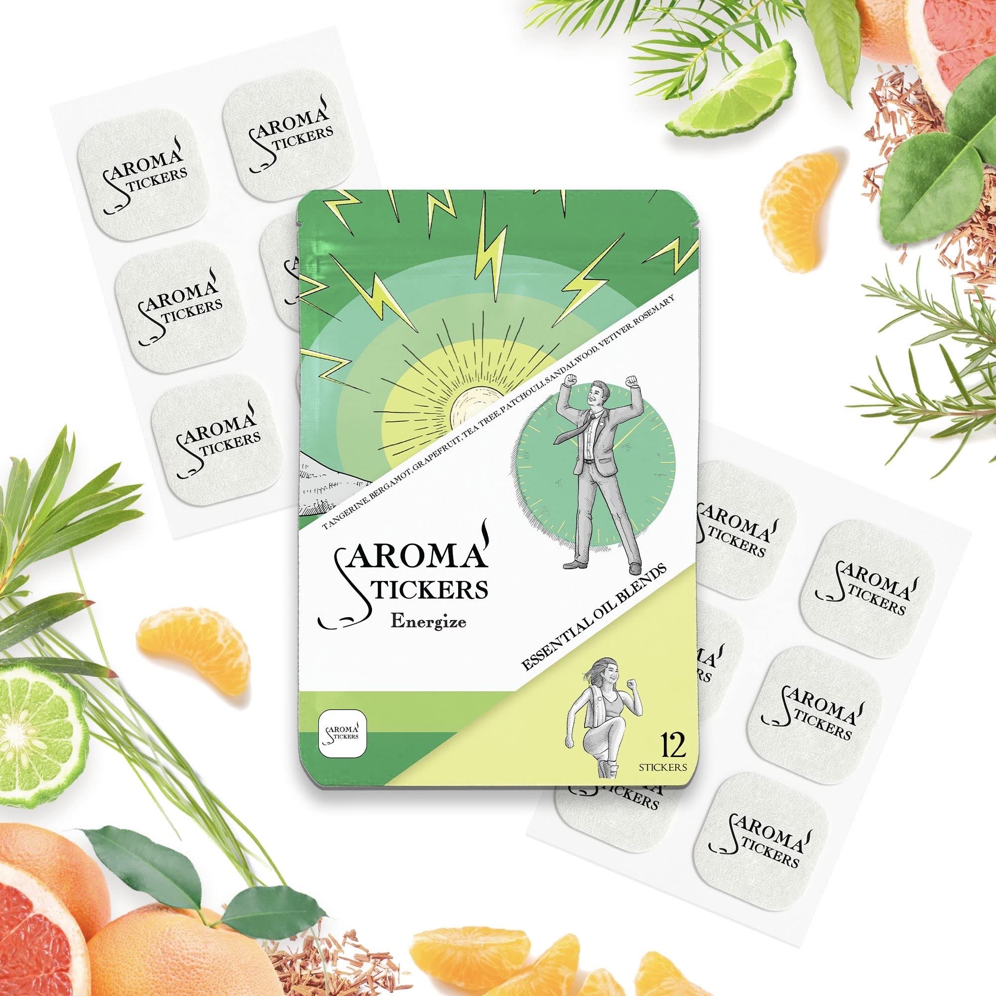 AROMA STICKERS® Original Blend Energize - 100% Natural Essential Oil Diffuser Stickers for Aromatherapy | Personal Space Freshener for Towels, Face Masks & Pillows | Home, Office & Yoga Studio Use (12 Stickers Pack)