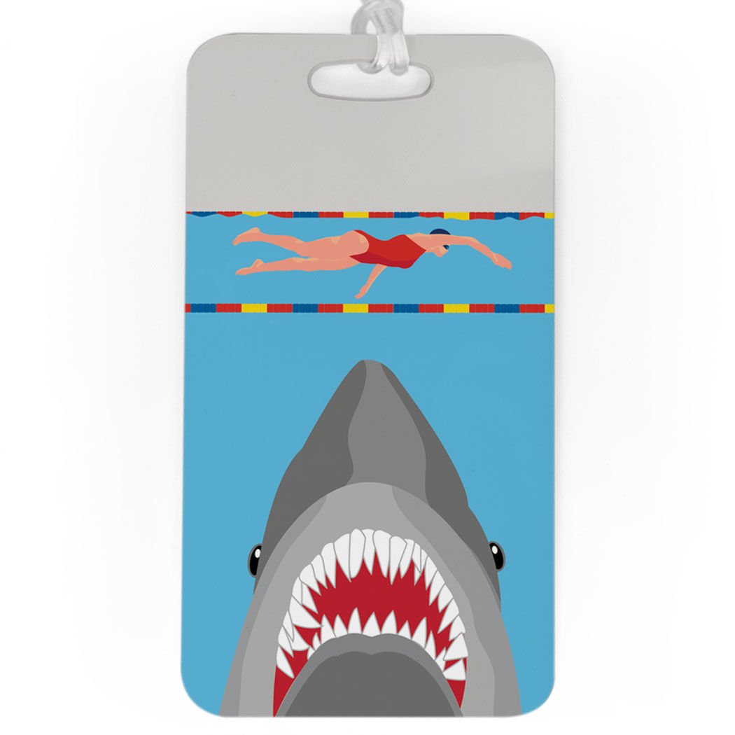 Swimming Luggage Tag - Shark Attack Design for Girl Swimmers - Large Durable Bag Tag for Swim Meets, Trips & Pool Parties