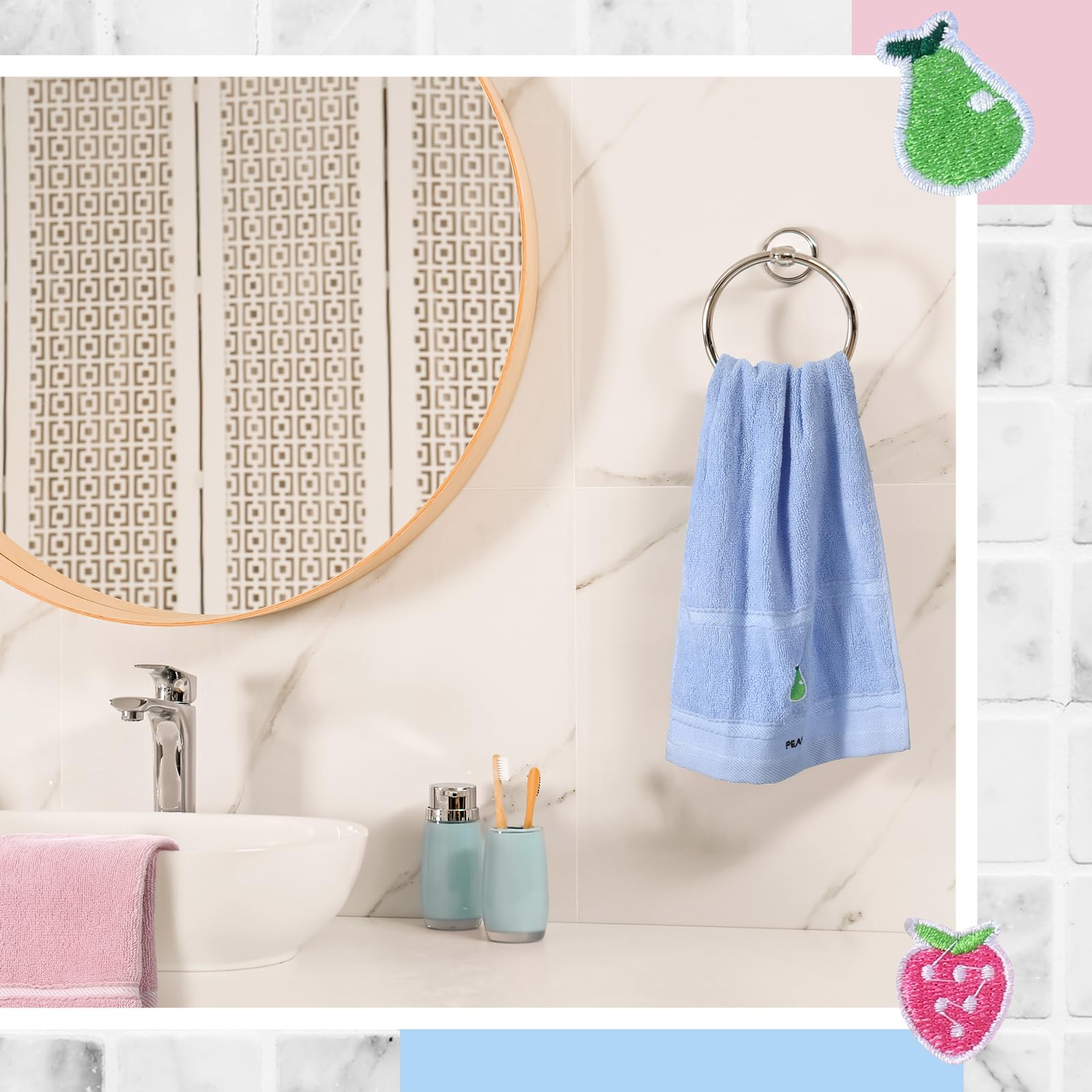 Geyoga 6-Piece Soft Absorbent Cotton Embroidery Hand Towels Set - Pastel Fruit & Animal Designs for Kitchen, Bathroom, Dish & Body Use - Perfect Christmas Home Decor Gift