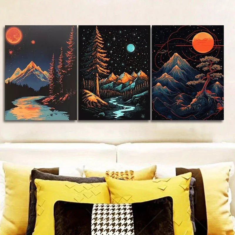3-Piece Starry Sky Nature Moon Wall Art Set - Framed Canvas Prints 50x70cm - High Quality Australian Made Wall Decor - Perfect for Living Room, Bedroom & Office Decoration