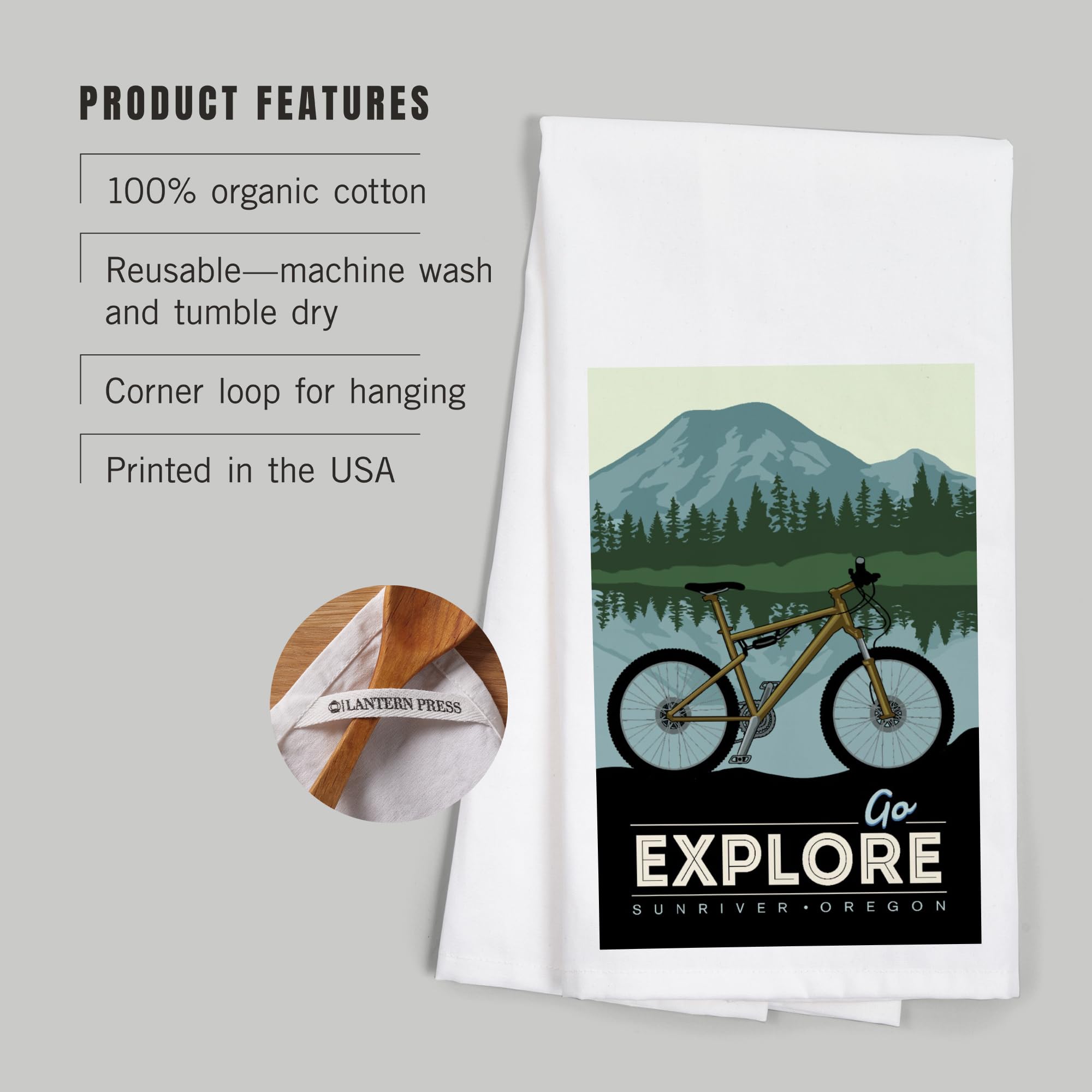 Lantern Press Sunriver Oregon Go Explore Bike 100% Cotton Tea Towel - Decorative Hand Towel for Kitchen & Home Decor - Perfect for Camping, Picnics & Outdoor Adventures