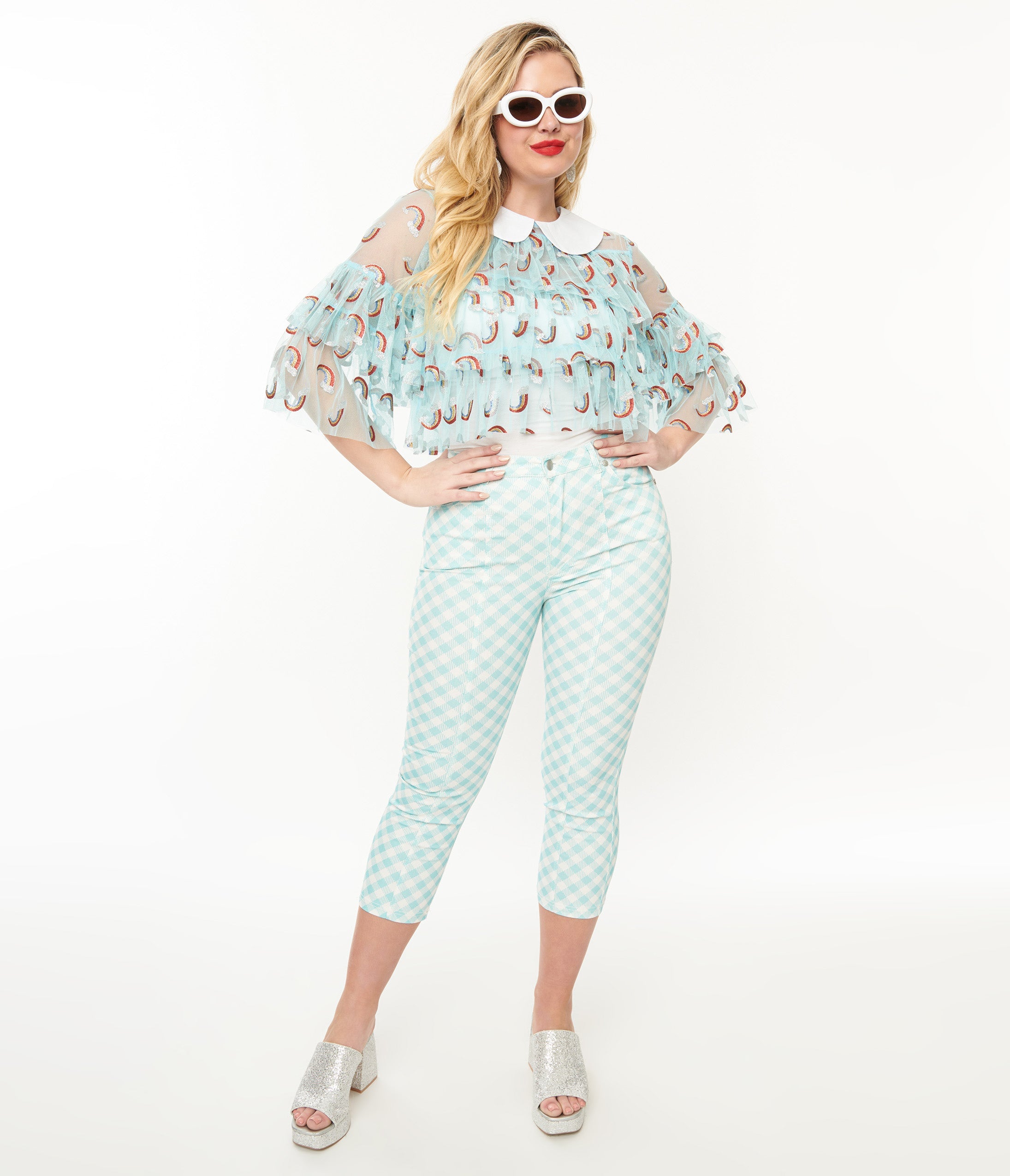 Smak Parlour Light Blue & White Gingham Capri Pants for Women | Summer Casual Stretch Cotton Capris | Perfect for Beach, Vacation & Outdoor Activities
