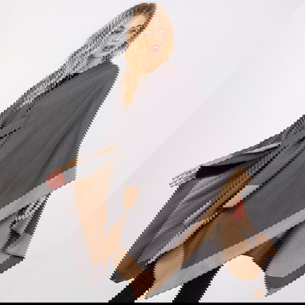 Gray Two Tone Pull Through Shawl Ruana Poncho - Soft & Stylish Women's Wrap for Fall & Winter - Perfect for Casual Outings, Layering & Cozy Evenings