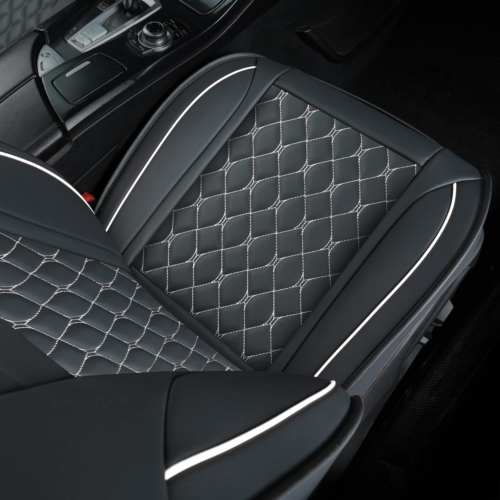 Universal Car Seat Covers Full Set - Faux Leather Auto Cushion for Most Cars, SUVs, Sedans & Trucks (5-Passenger, Black/White) - Perfect for Road Trips, Daily Commutes & Vehicle Protection